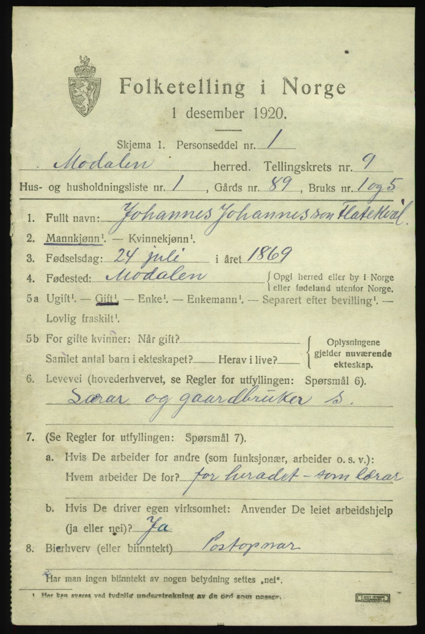 SAB, 1920 census for Modalen, 1920, p. 1598
