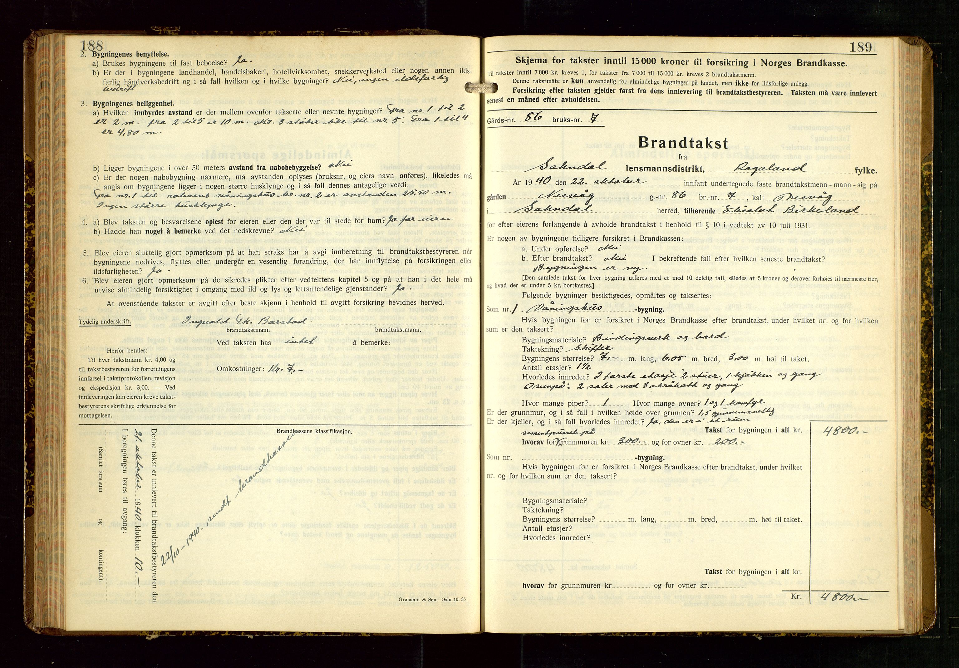 Sokndal lensmannskontor, AV/SAST-A-100417/Gob/L0008: "Brandtakst-Protokoll", 1937-1955, p. 188-189