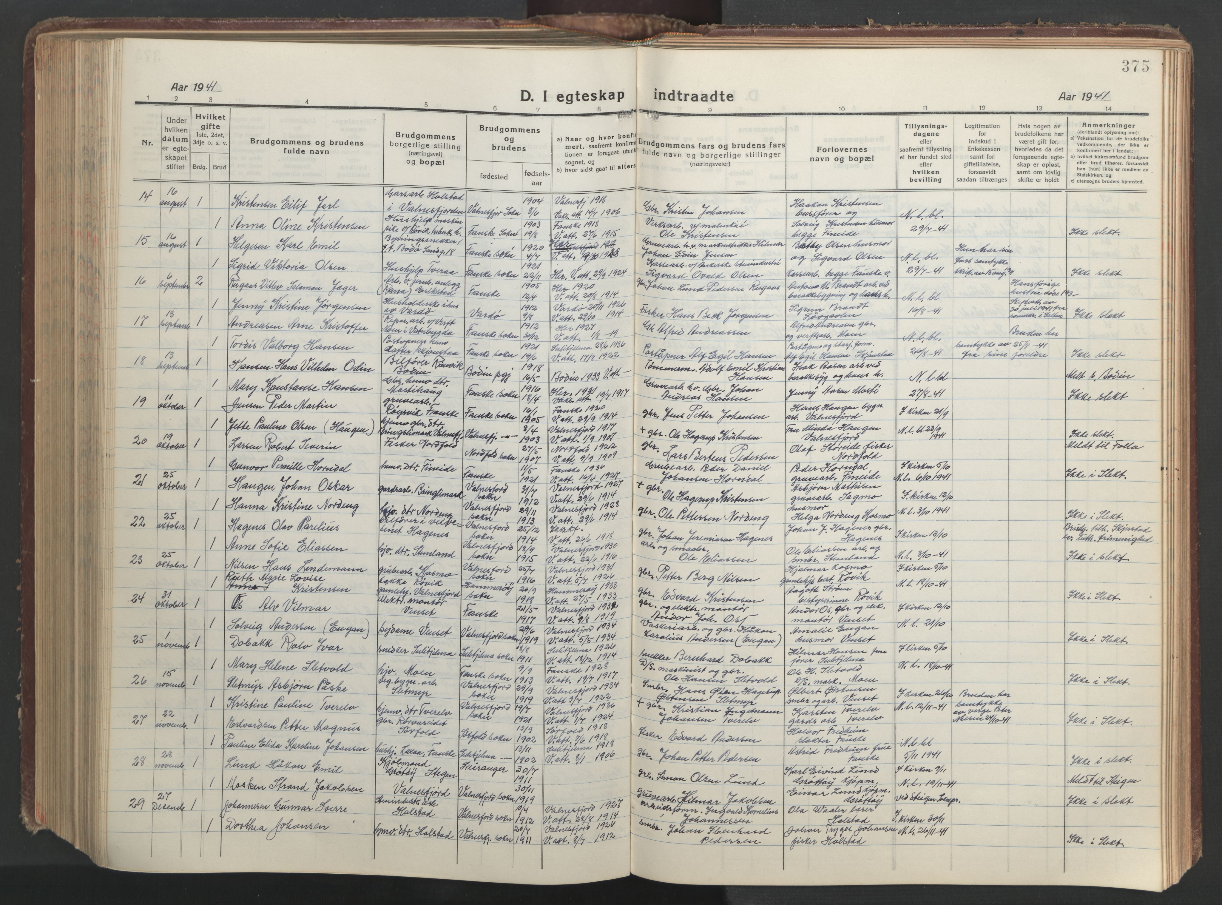 Ministerialprotokoller, klokkerbøker og fødselsregistre - Nordland, AV/SAT-A-1459/849/L0700: Parish register (copy) no. 849C01, 1919-1946, p. 375