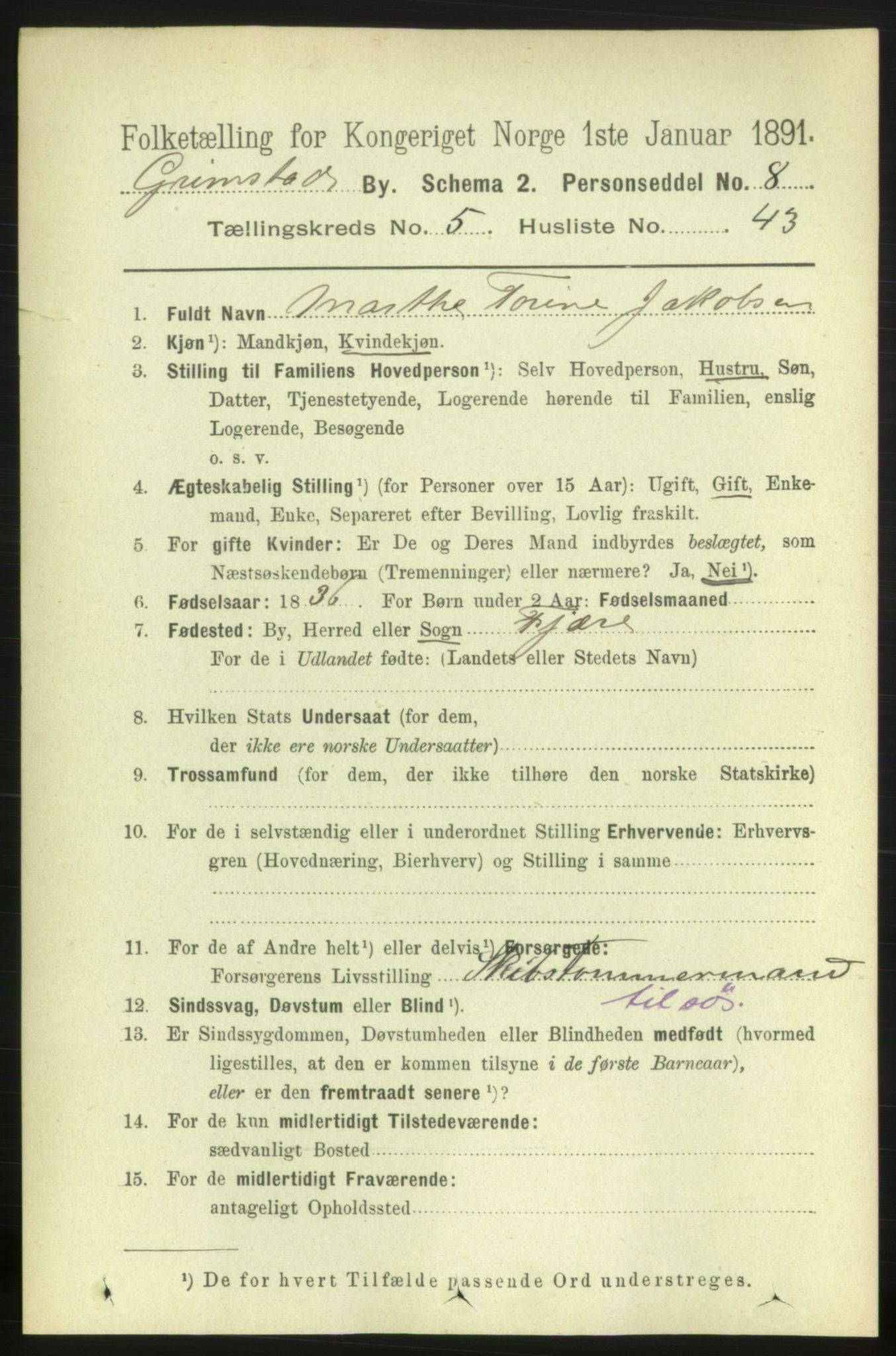 RA, 1891 census for 0904 Grimstad, 1891, p. 3373