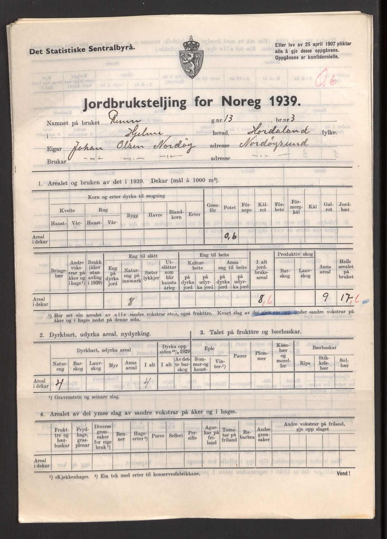 Statistisk sentralbyrå, Næringsøkonomiske emner, Jordbruk, skogbruk, jakt, fiske og fangst, AV/RA-S-2234/G/Gb/L0211: Hordaland: Herdla, Hjelme og Manger, 1939, p. 1205