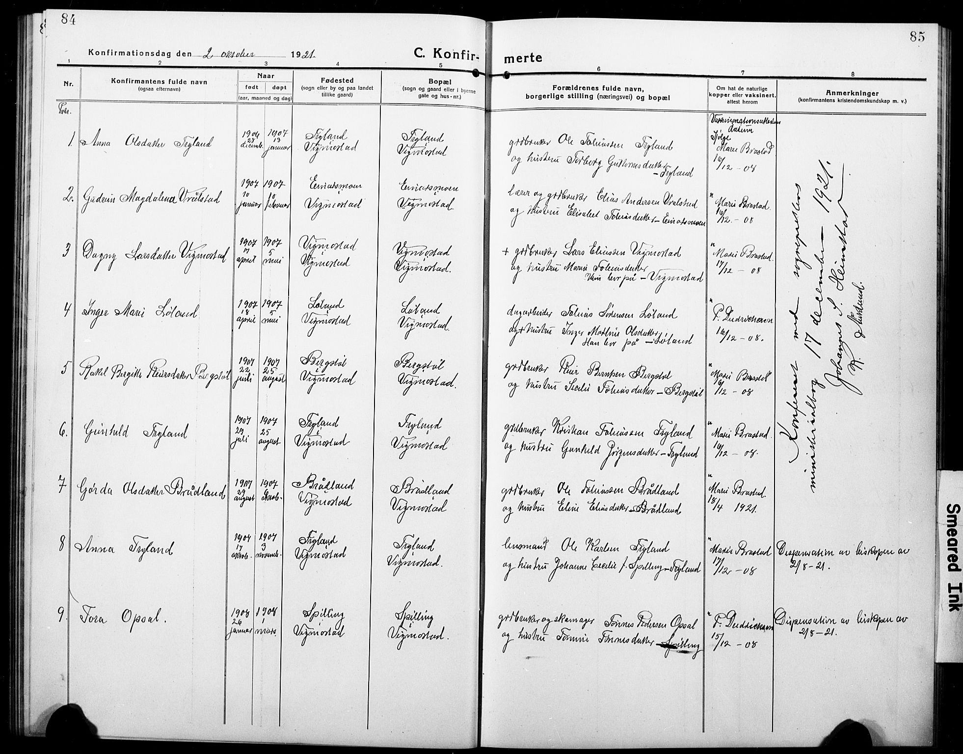 Nord-Audnedal sokneprestkontor, SAK/1111-0032/F/Fb/Fbb/L0005: Parish register (copy) no. B 5, 1918-1929, p. 84-85