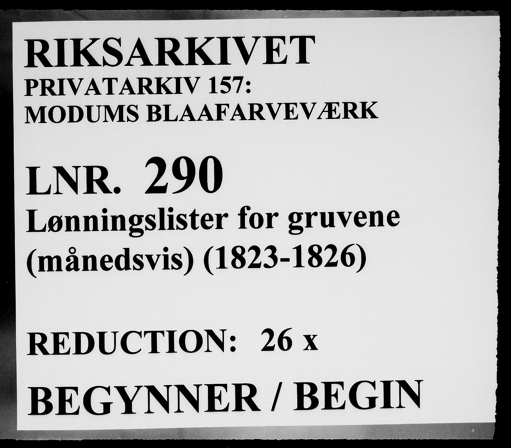 Modums Blaafarveværk, RA/PA-0157/G/Gd/Gdd/L0290/0001: -- / Lønningslister for gruvene, 1823-1826, p. 1