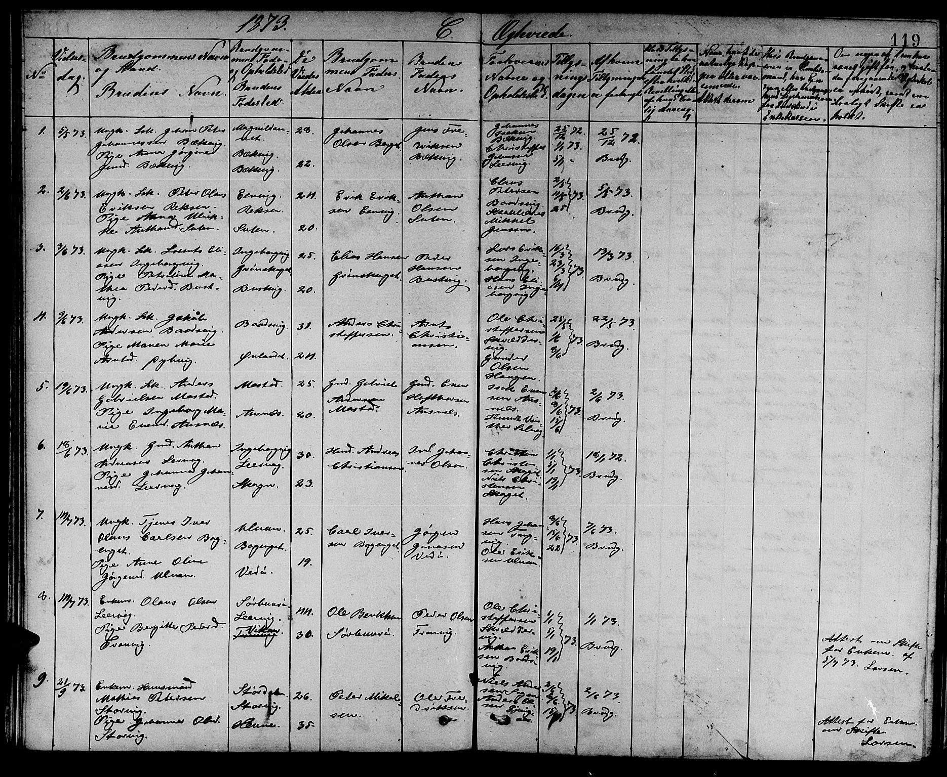 Ministerialprotokoller, klokkerbøker og fødselsregistre - Sør-Trøndelag, AV/SAT-A-1456/637/L0561: Parish register (copy) no. 637C02, 1873-1882, p. 119