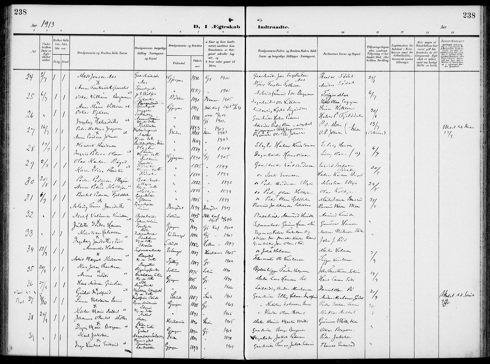 Gjerpen kirkebøker, AV/SAKO-A-265/F/Fa/L0012: Parish register (official) no. I 12, 1905-1913, p. 238