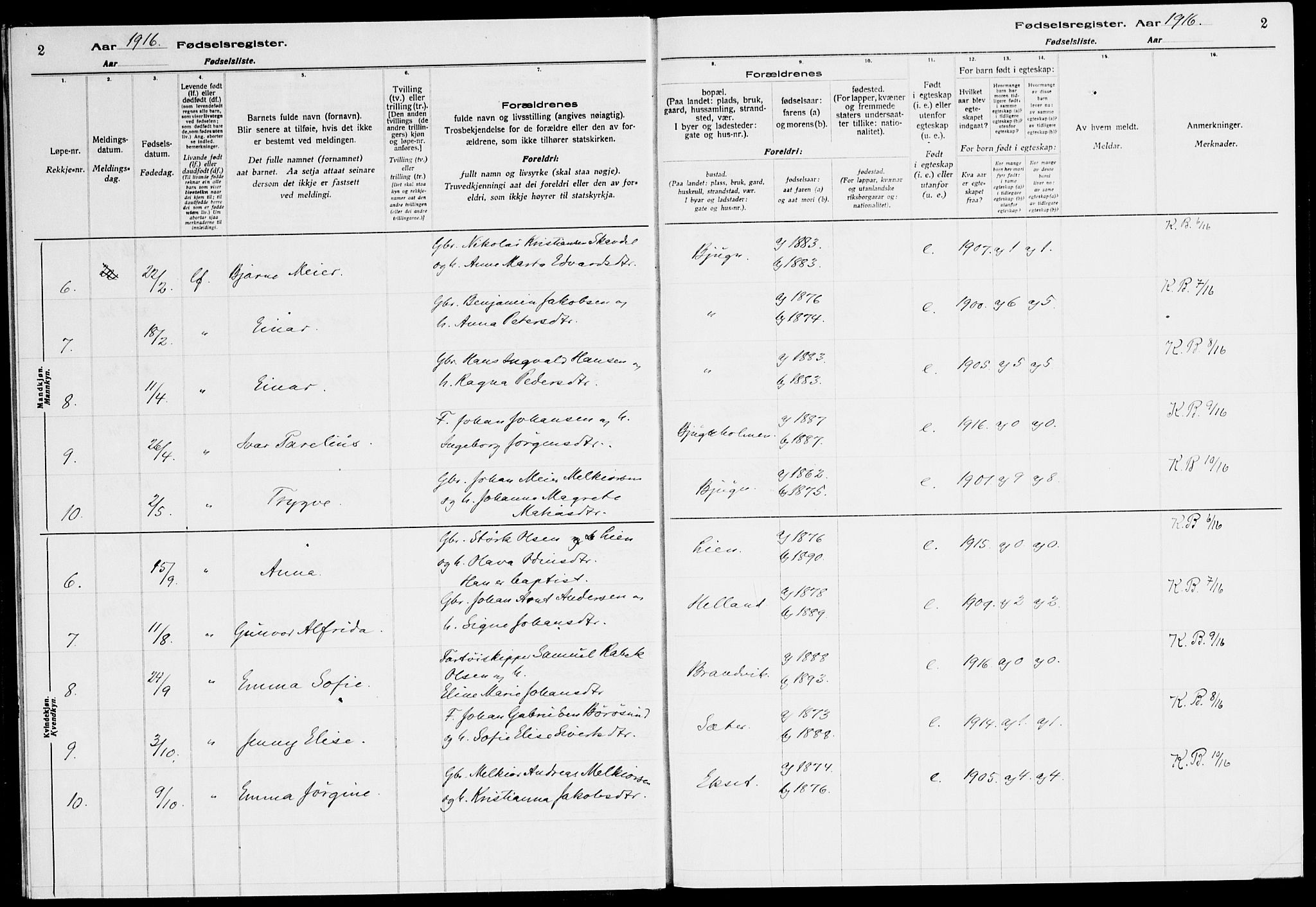 Ministerialprotokoller, klokkerbøker og fødselsregistre - Sør-Trøndelag, SAT/A-1456/651/L0650: Birth register no. 651.II.4.1, 1916-1923, p. 2