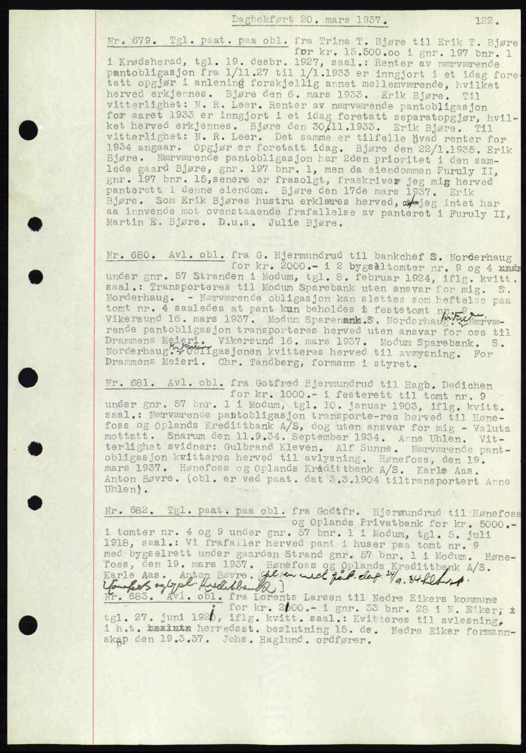 Eiker, Modum og Sigdal sorenskriveri, SAKO/A-123/G/Ga/Gab/L0035: Mortgage book no. A5, 1937-1937, Diary no: : 679/1937