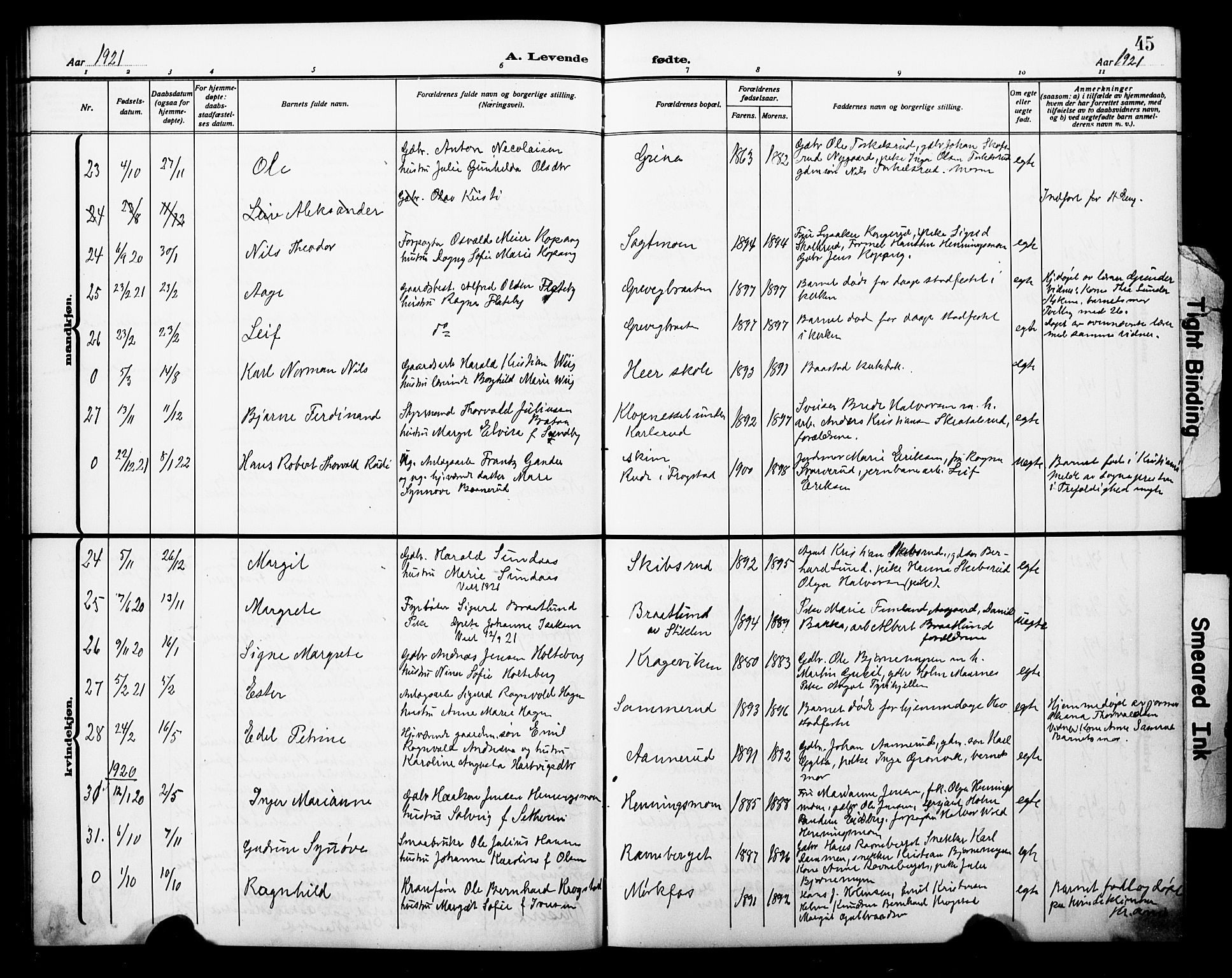 Trøgstad prestekontor Kirkebøker, AV/SAO-A-10925/G/Ga/L0002: Parish register (copy) no. I 2, 1911-1929, p. 45