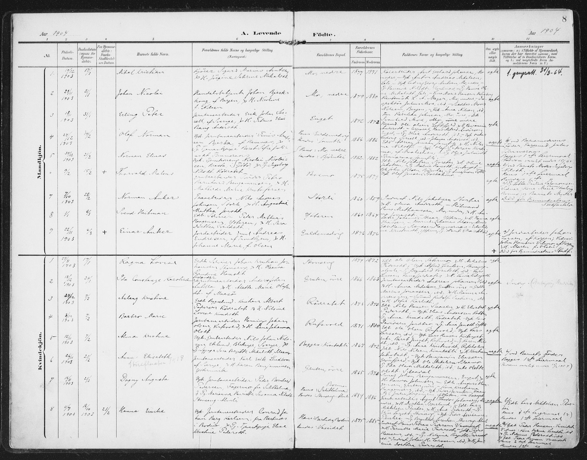 Ministerialprotokoller, klokkerbøker og fødselsregistre - Nordland, SAT/A-1459/827/L0402: Parish register (official) no. 827A14, 1903-1912, p. 8