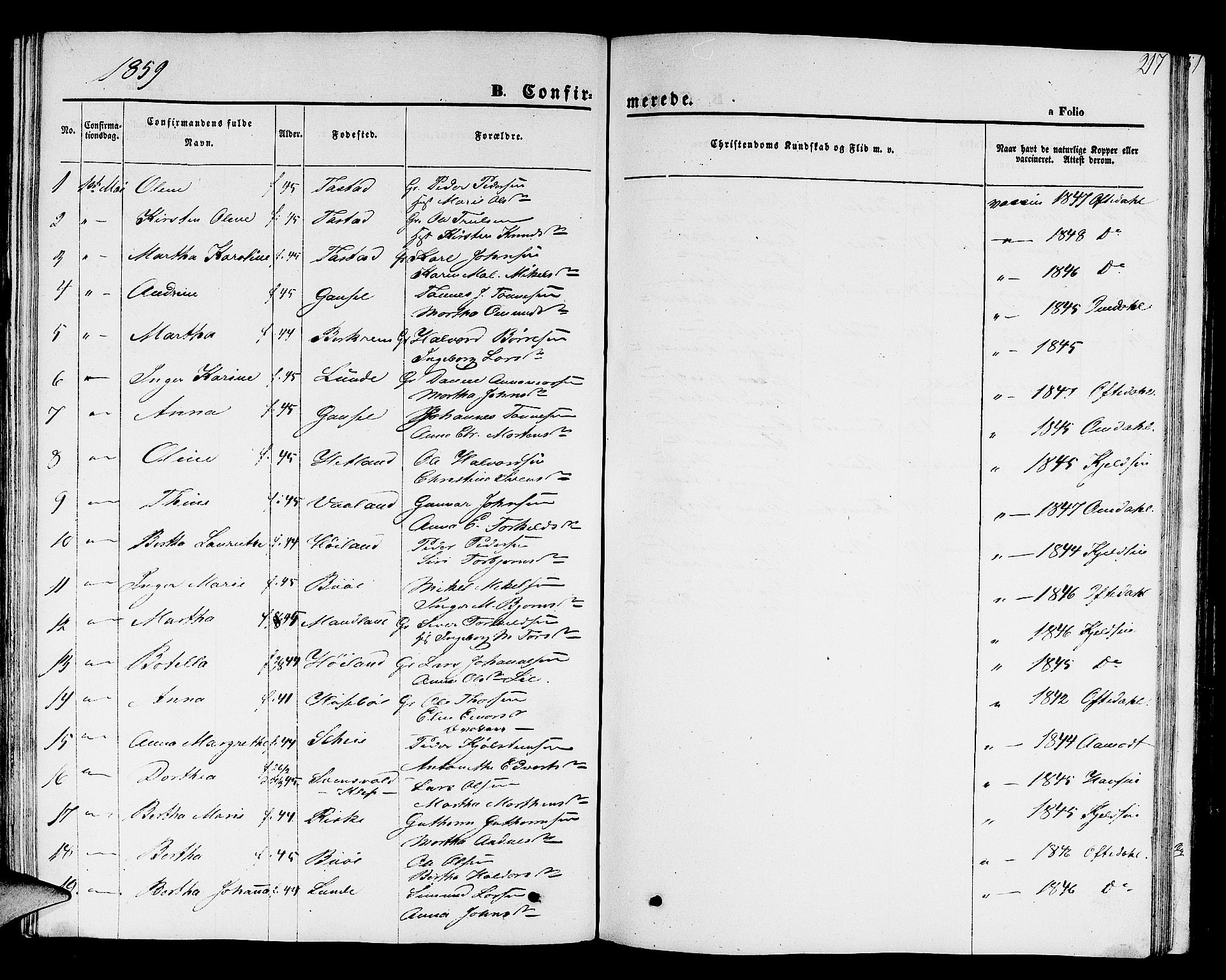 Hetland sokneprestkontor, SAST/A-101826/30/30BB/L0001: Parish register (copy) no. B 1, 1850-1868, p. 217