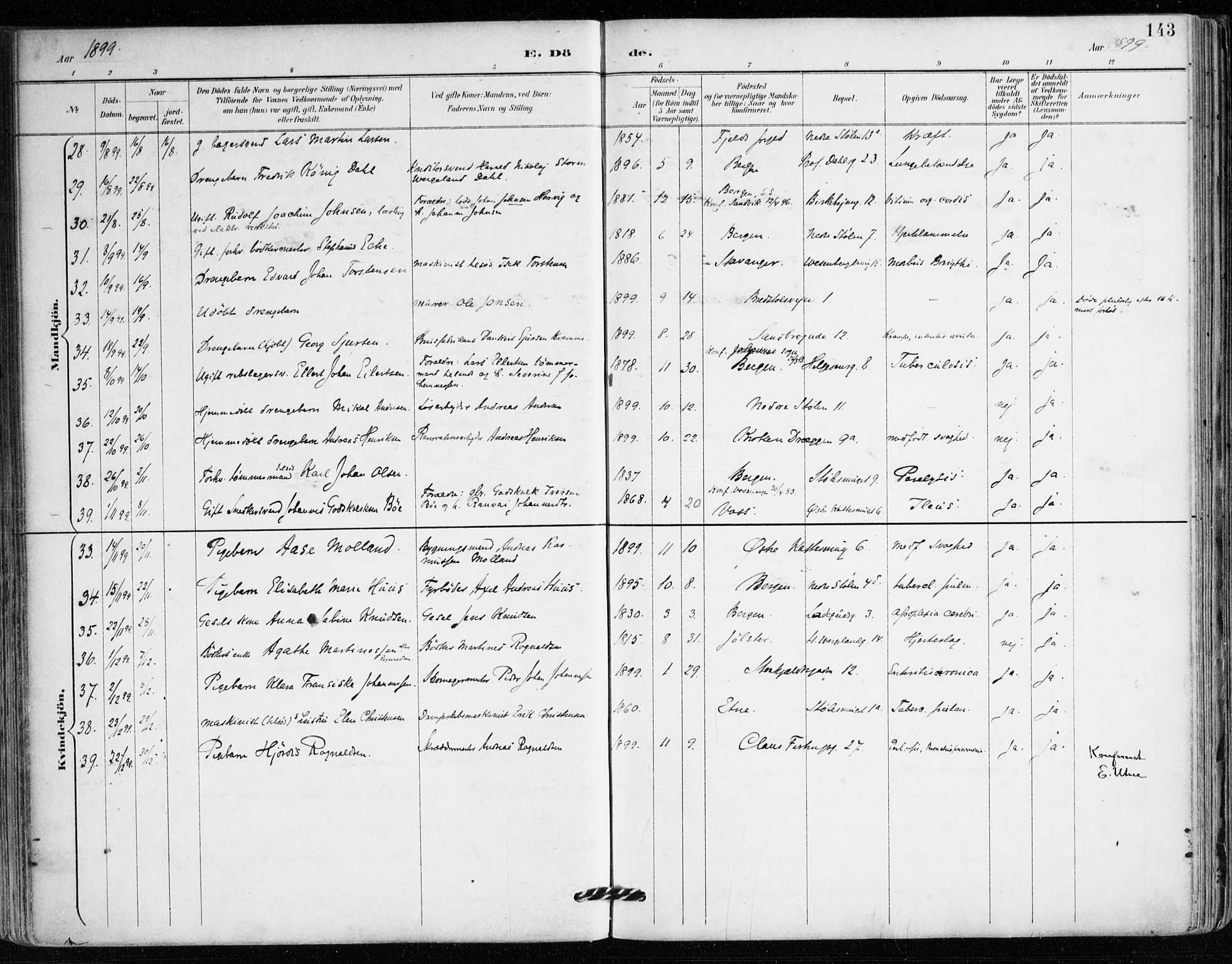 Mariakirken Sokneprestembete, AV/SAB-A-76901/H/Haa/L0008: Parish register (official) no. A 8, 1893-1942, p. 143