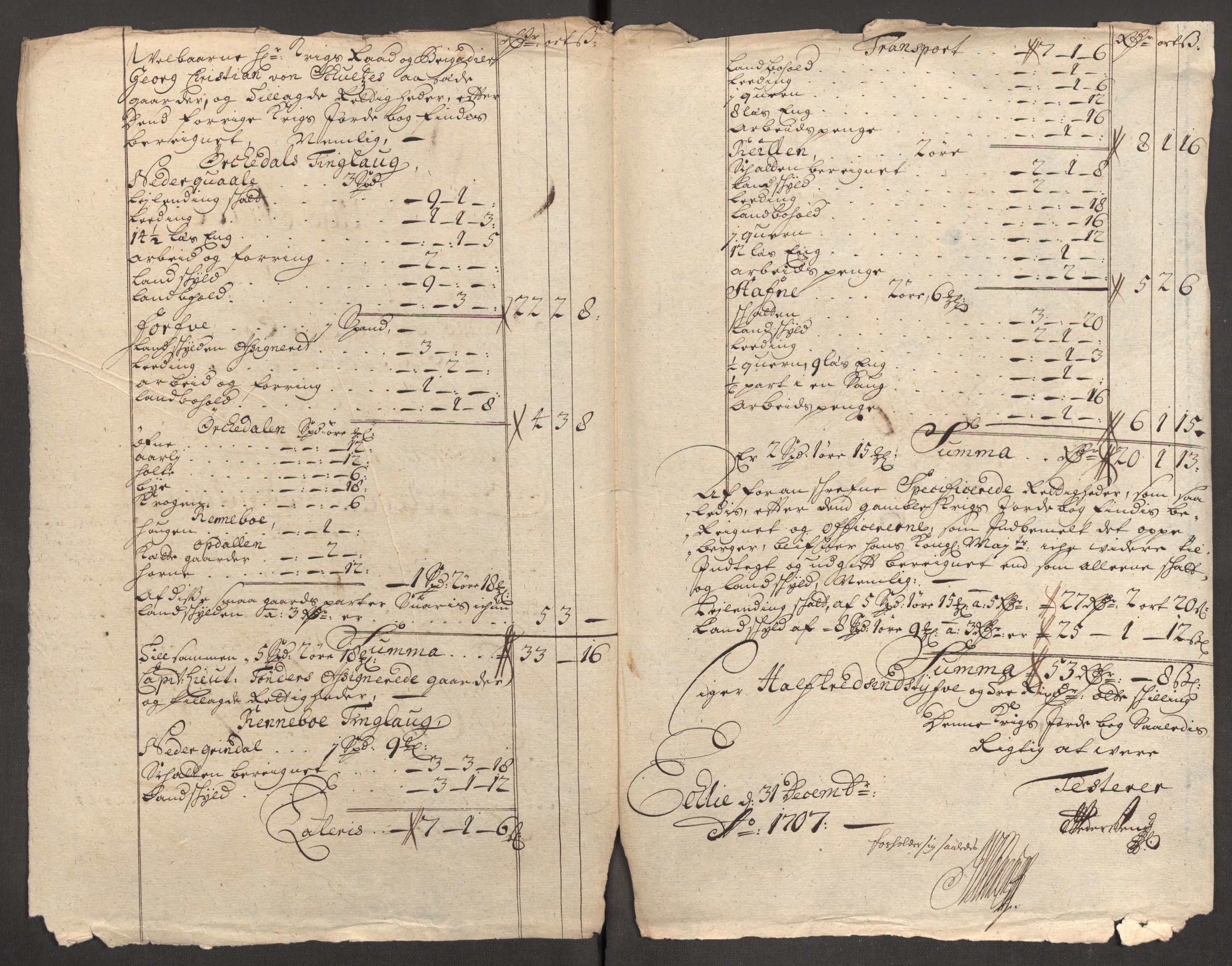 Rentekammeret inntil 1814, Reviderte regnskaper, Fogderegnskap, RA/EA-4092/R60/L3957: Fogderegnskap Orkdal og Gauldal, 1707, p. 342