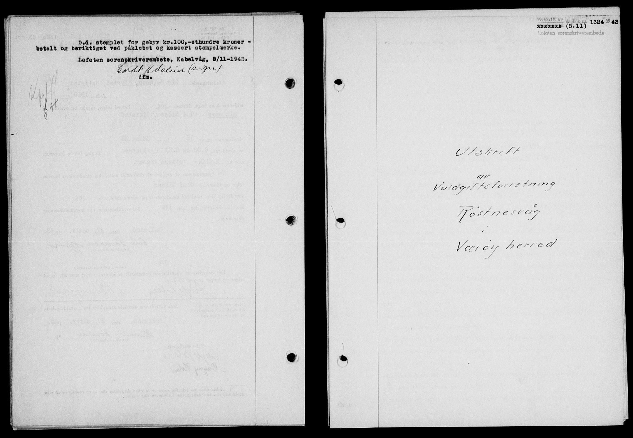 Lofoten sorenskriveri, SAT/A-0017/1/2/2C/L0011a: Mortgage book no. 11a, 1943-1943, Diary no: : 1324/1943