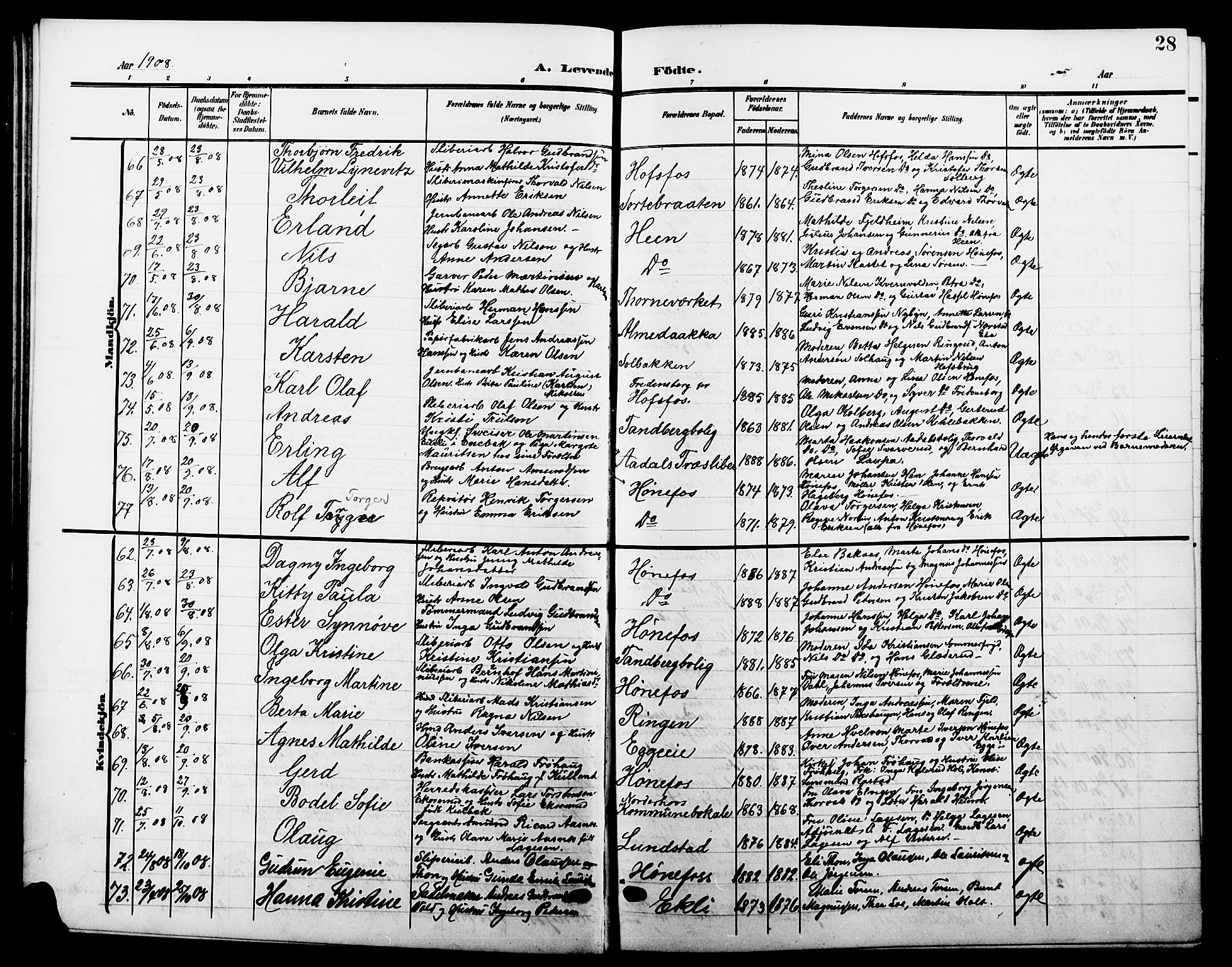 Hønefoss kirkebøker, AV/SAKO-A-609/G/Ga/L0003: Parish register (copy) no. 3, 1905-1925, p. 28