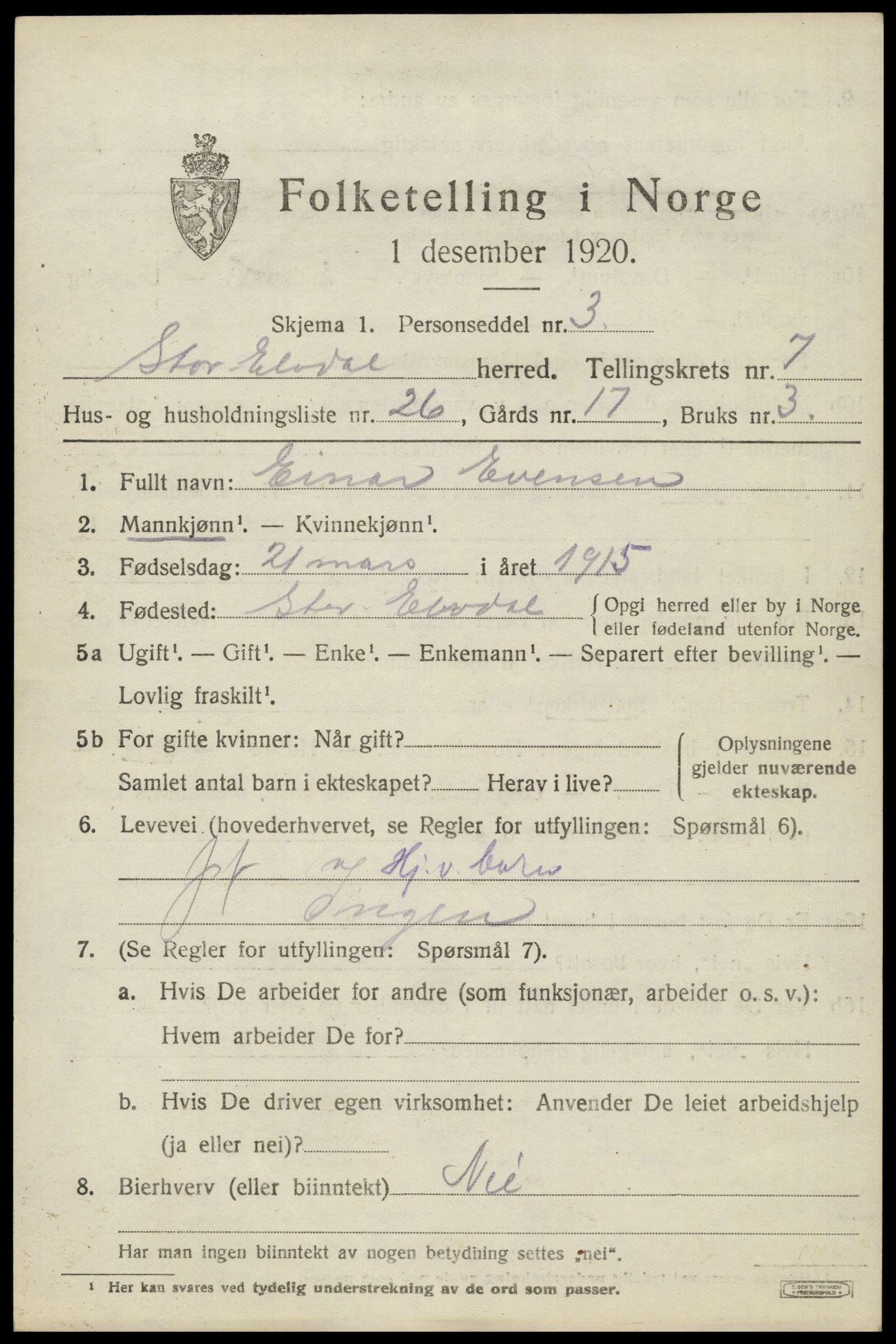 SAH, 1920 census for Stor-Elvdal, 1920, p. 6136