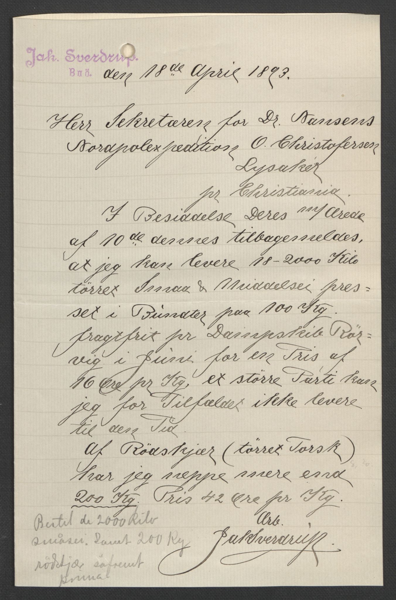 Arbeidskomitéen for Fridtjof Nansens polarekspedisjon, AV/RA-PA-0061/D/L0004: Innk. brev og telegrammer vedr. proviant og utrustning, 1892-1893, p. 802