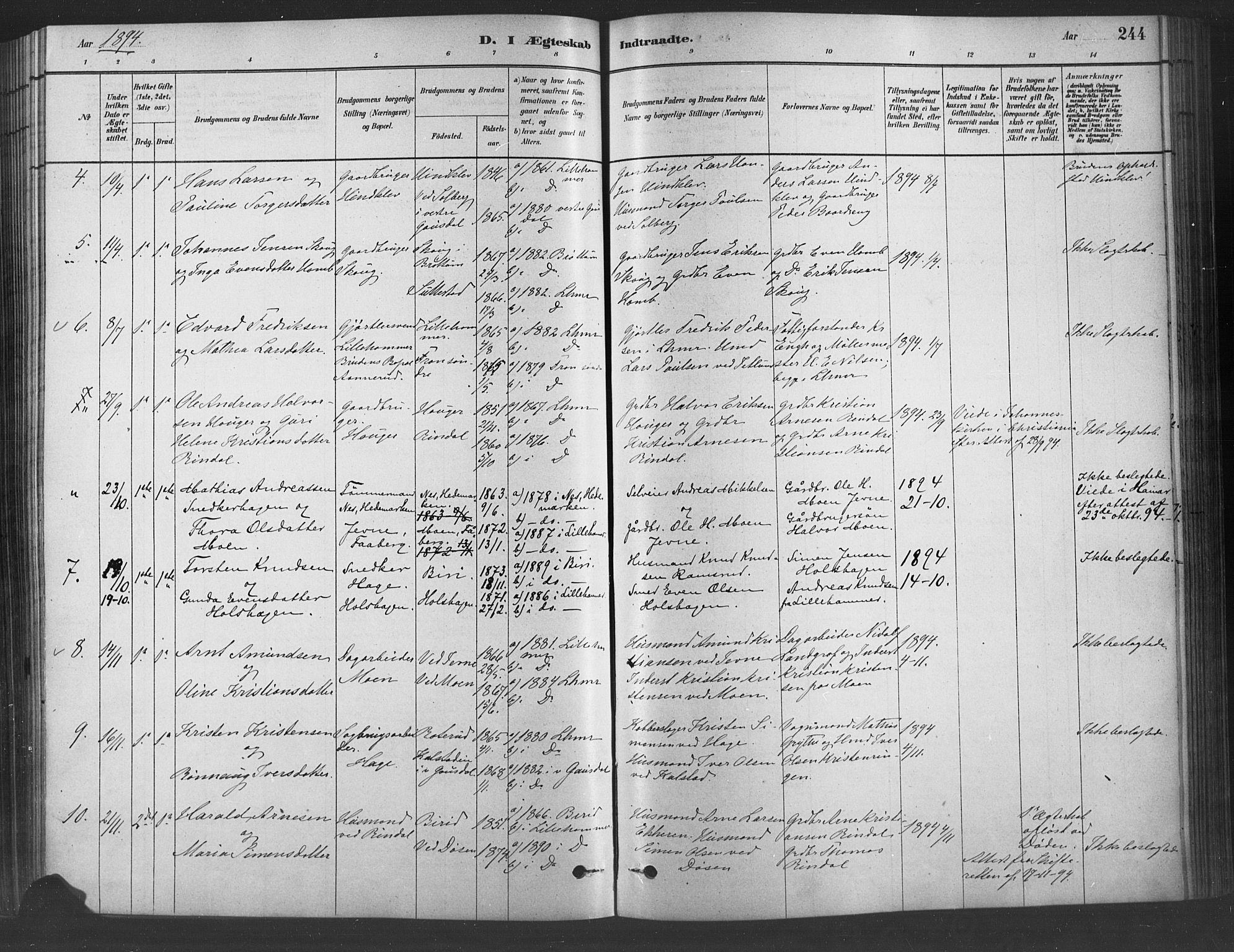 Fåberg prestekontor, SAH/PREST-086/H/Ha/Haa/L0009: Parish register (official) no. 9, 1879-1898, p. 244