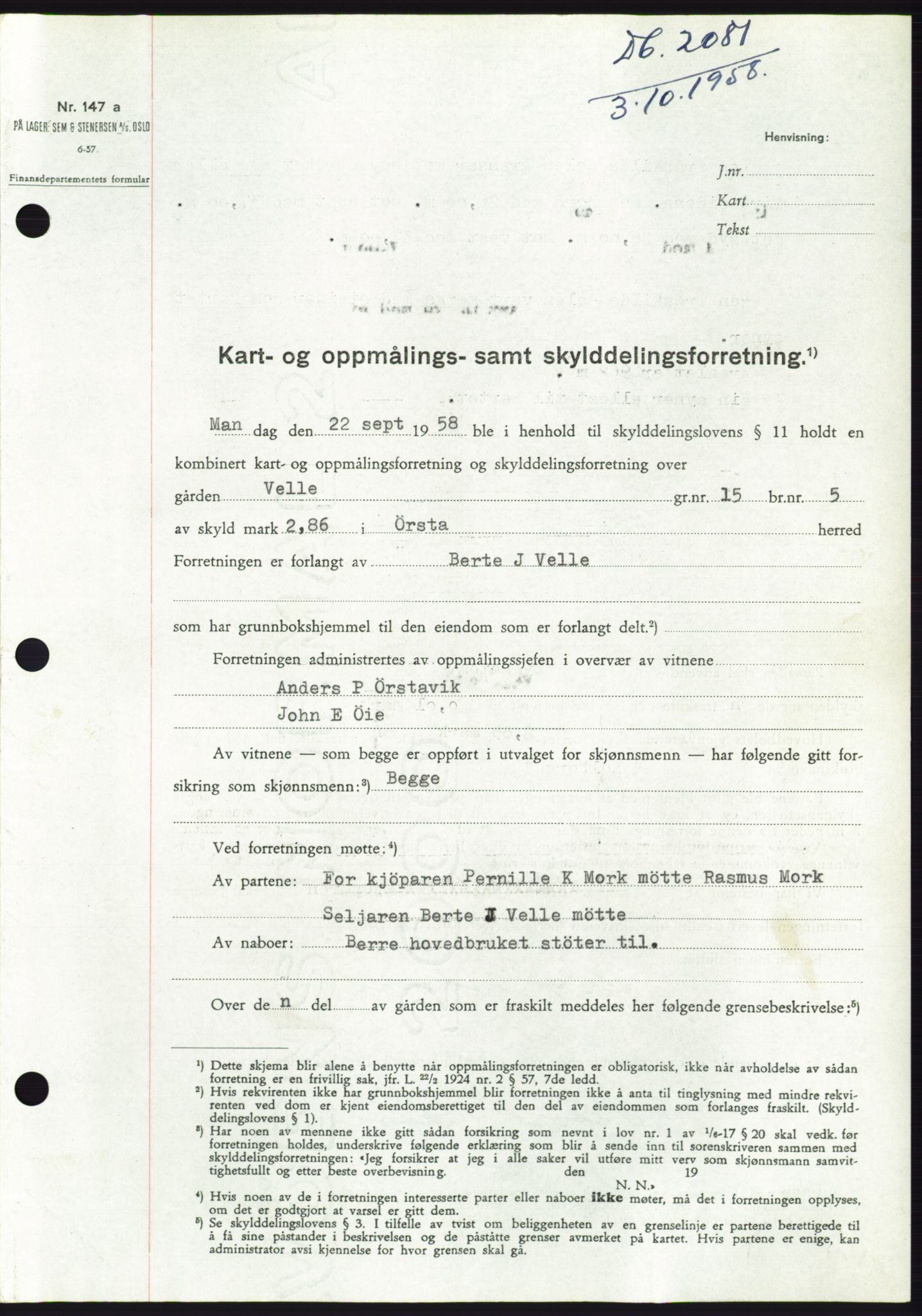 Søre Sunnmøre sorenskriveri, AV/SAT-A-4122/1/2/2C/L0110: Mortgage book no. 36A, 1958-1958, Diary no: : 2081/1958