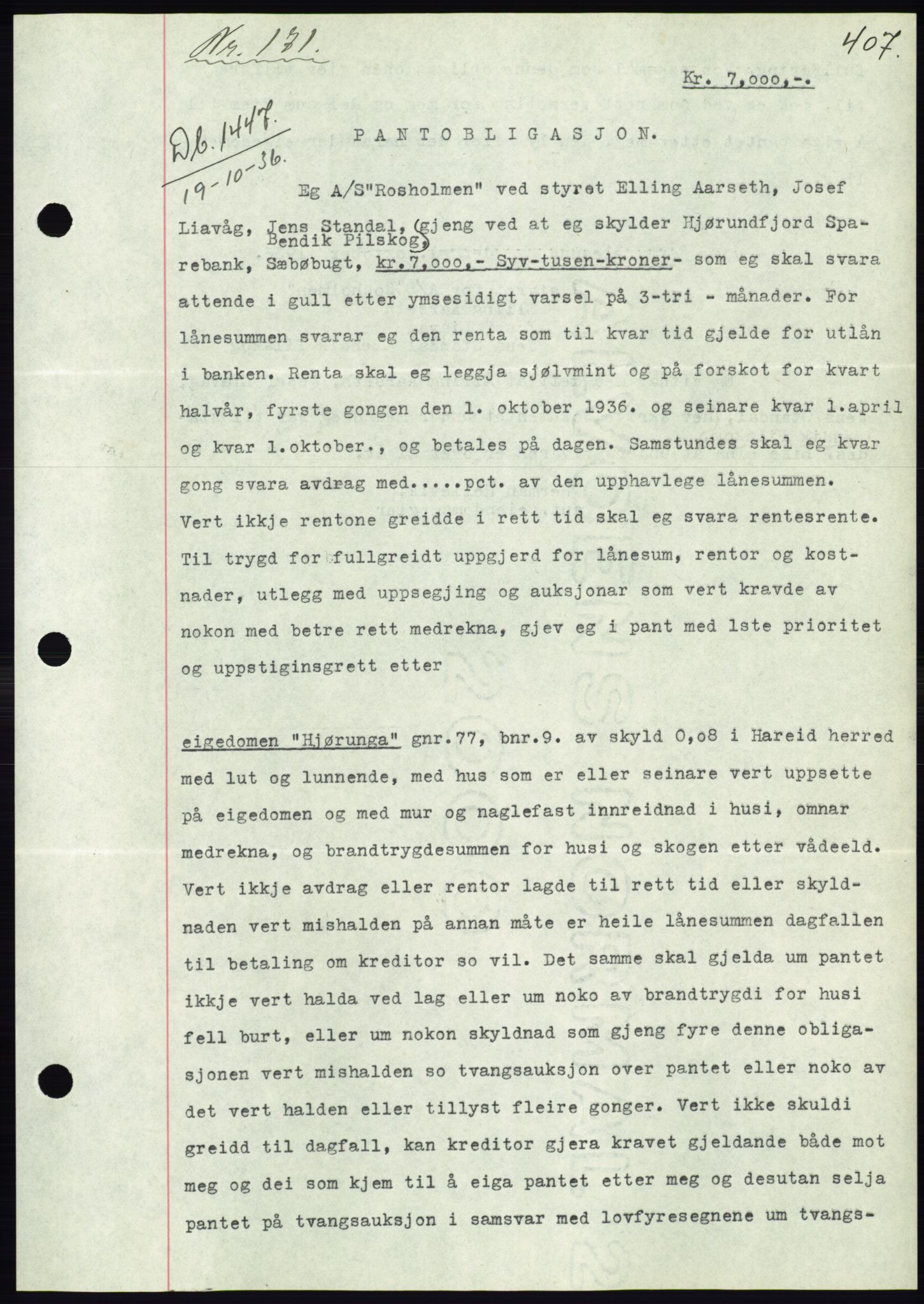 Søre Sunnmøre sorenskriveri, AV/SAT-A-4122/1/2/2C/L0061: Mortgage book no. 55, 1936-1936, Diary no: : 1447/1936