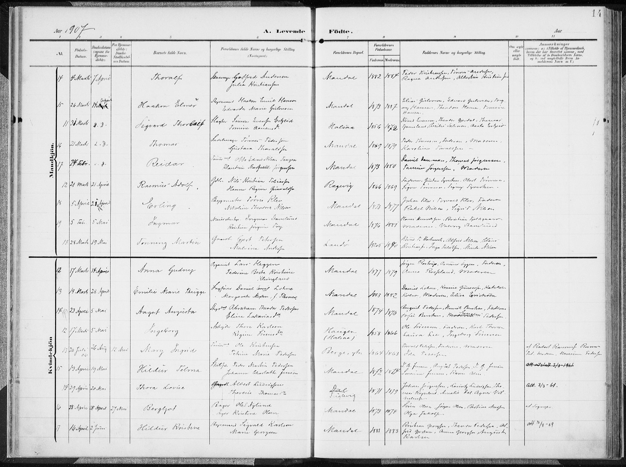 Mandal sokneprestkontor, AV/SAK-1111-0030/F/Fa/Faa/L0020: Parish register (official) no. A 20, 1906-1912, p. 14