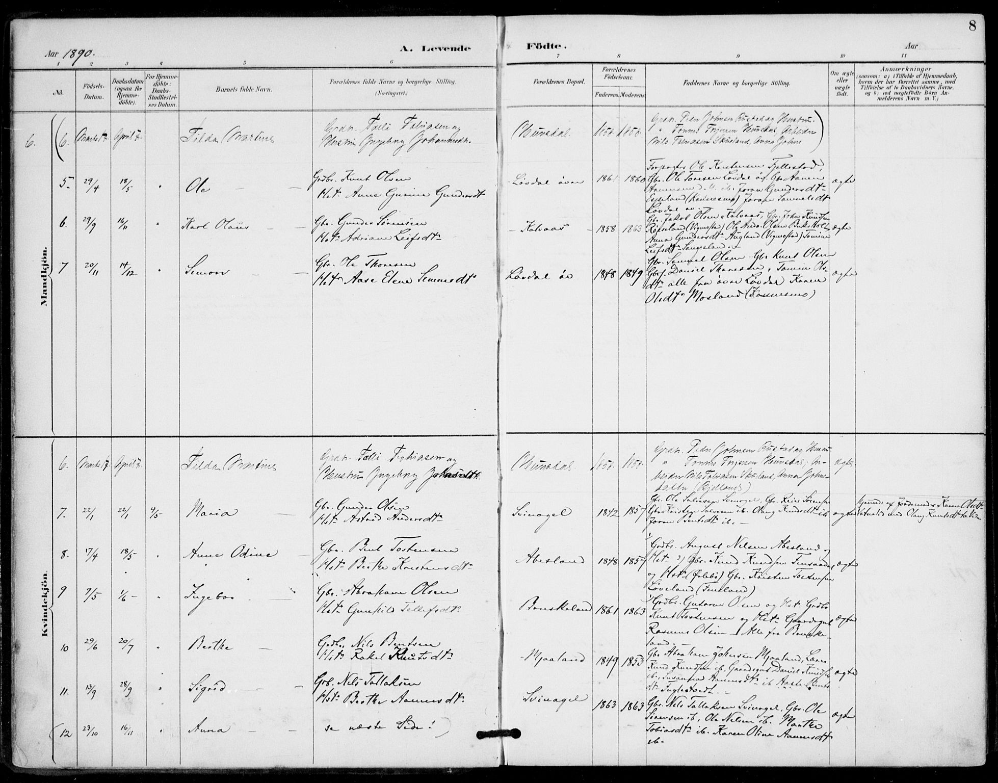 Holum sokneprestkontor, AV/SAK-1111-0022/F/Fa/Fab/L0007: Parish register (official) no. A 7, 1887-1912, p. 8