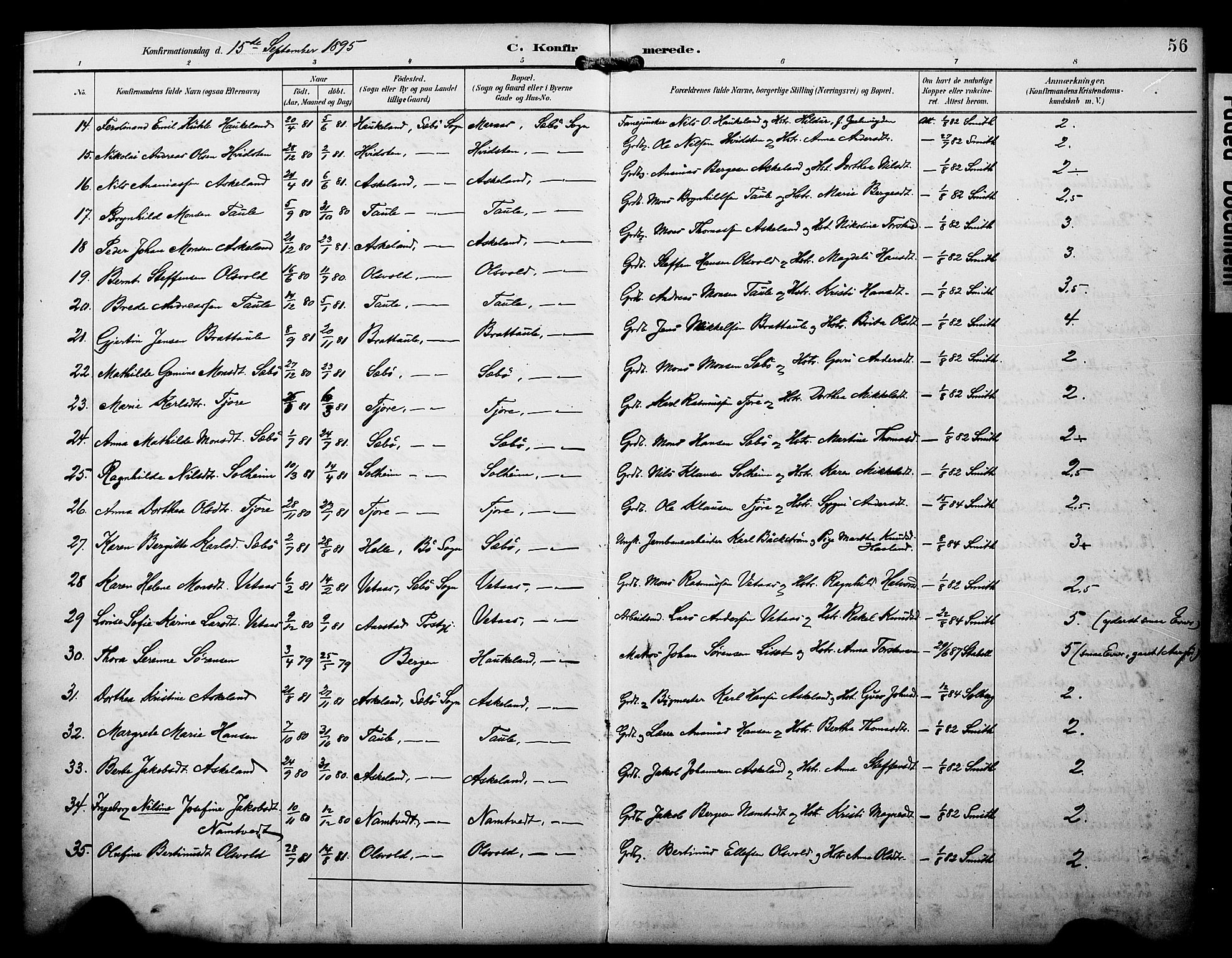 Manger sokneprestembete, AV/SAB-A-76801/H/Haa: Parish register (official) no. D 2, 1894-1908, p. 56