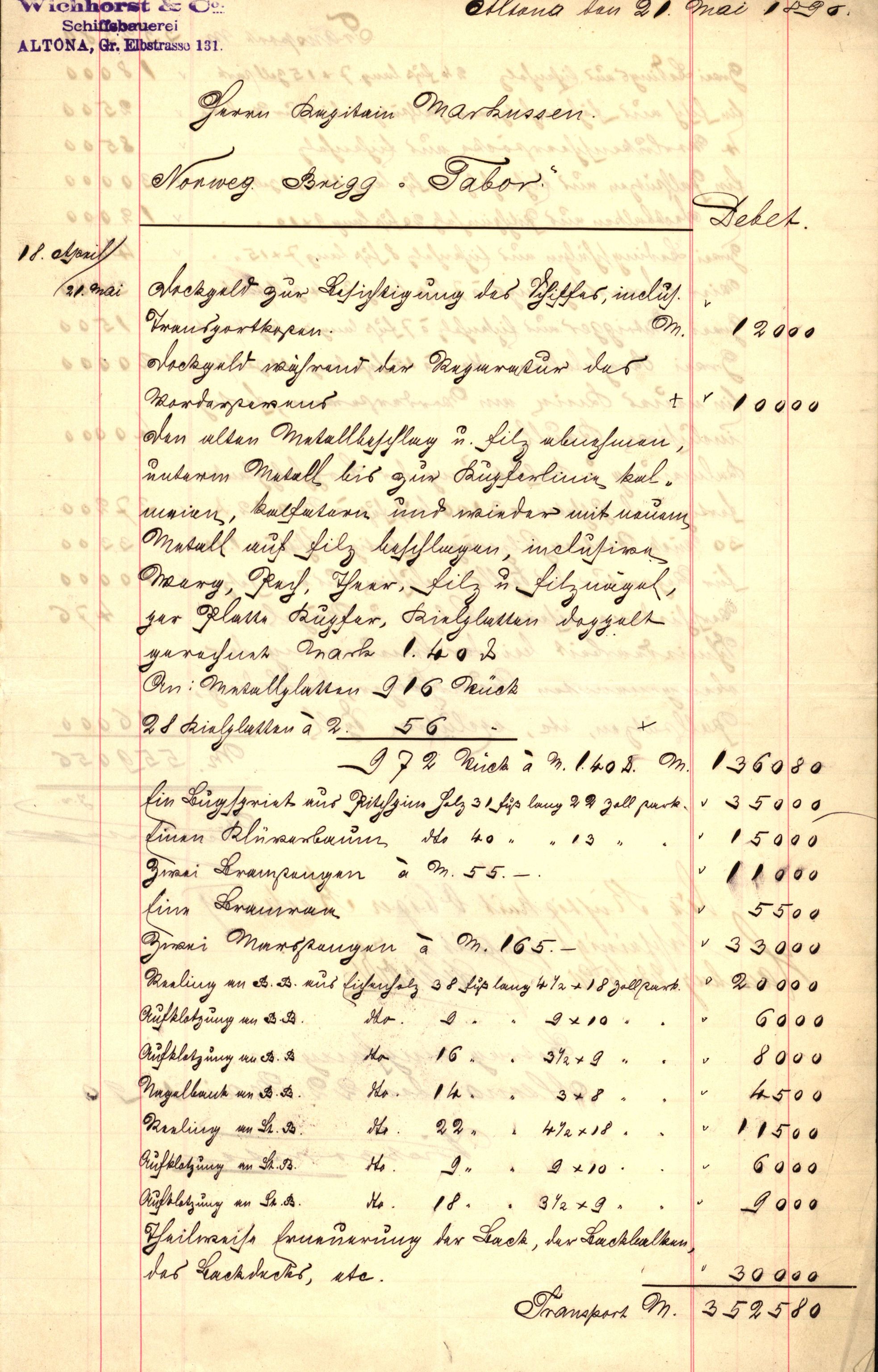 Pa 63 - Østlandske skibsassuranceforening, VEMU/A-1079/G/Ga/L0025/0001: Havaridokumenter / Tabor, 1890