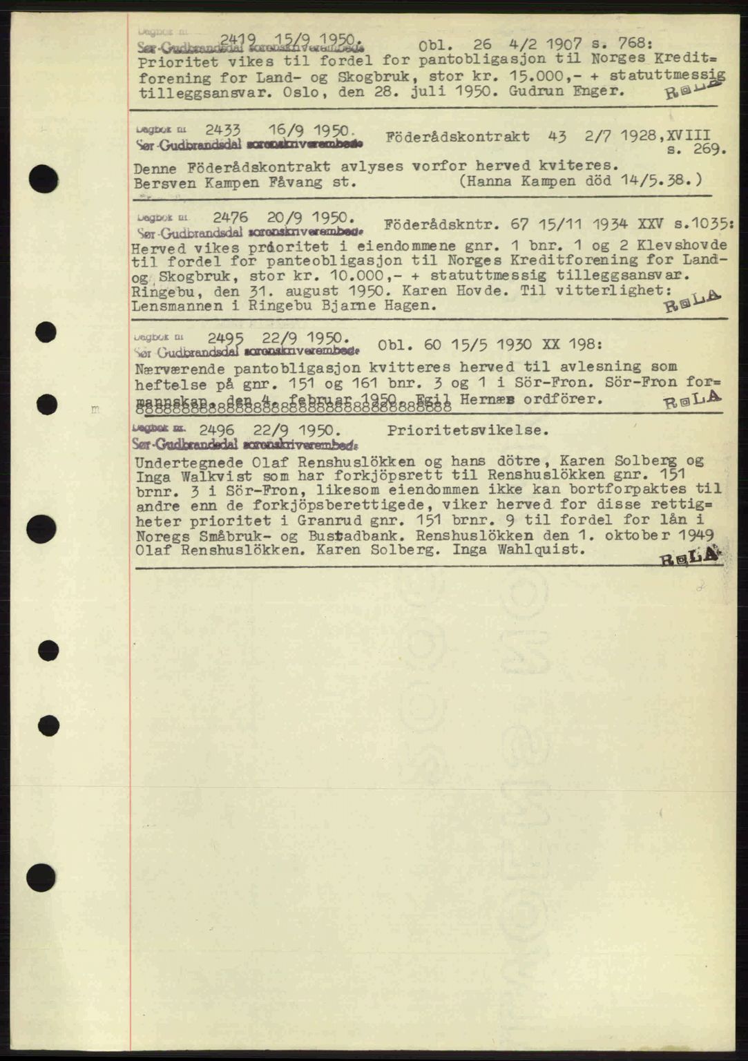 Sør-Gudbrandsdal tingrett, SAH/TING-004/H/Hb/Hbf/L0004: Mortgage book no. C5b, 1945-1951, Diary no: : 2419/1950