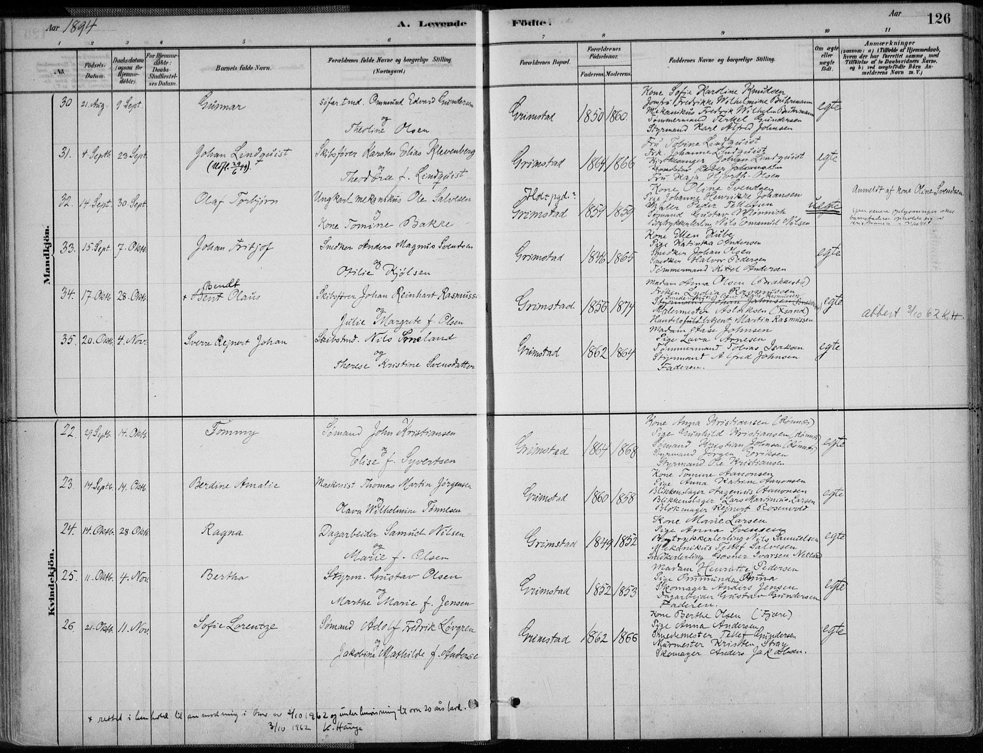 Grimstad sokneprestkontor, AV/SAK-1111-0017/F/Fa/L0003: Parish register (official) no. A 2, 1882-1912, p. 126