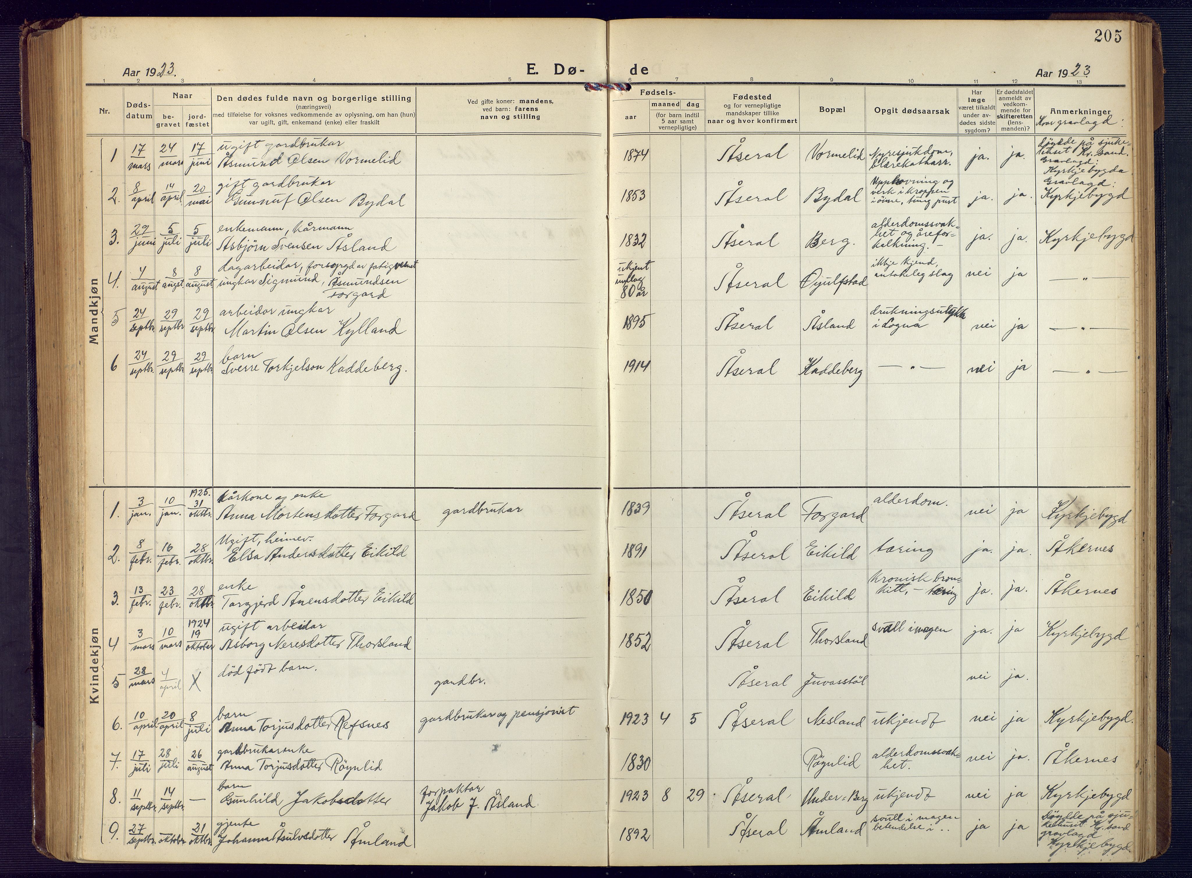 Åseral sokneprestkontor, SAK/1111-0051/F/Fb/L0004: Parish register (copy) no. B 4, 1920-1946, p. 205