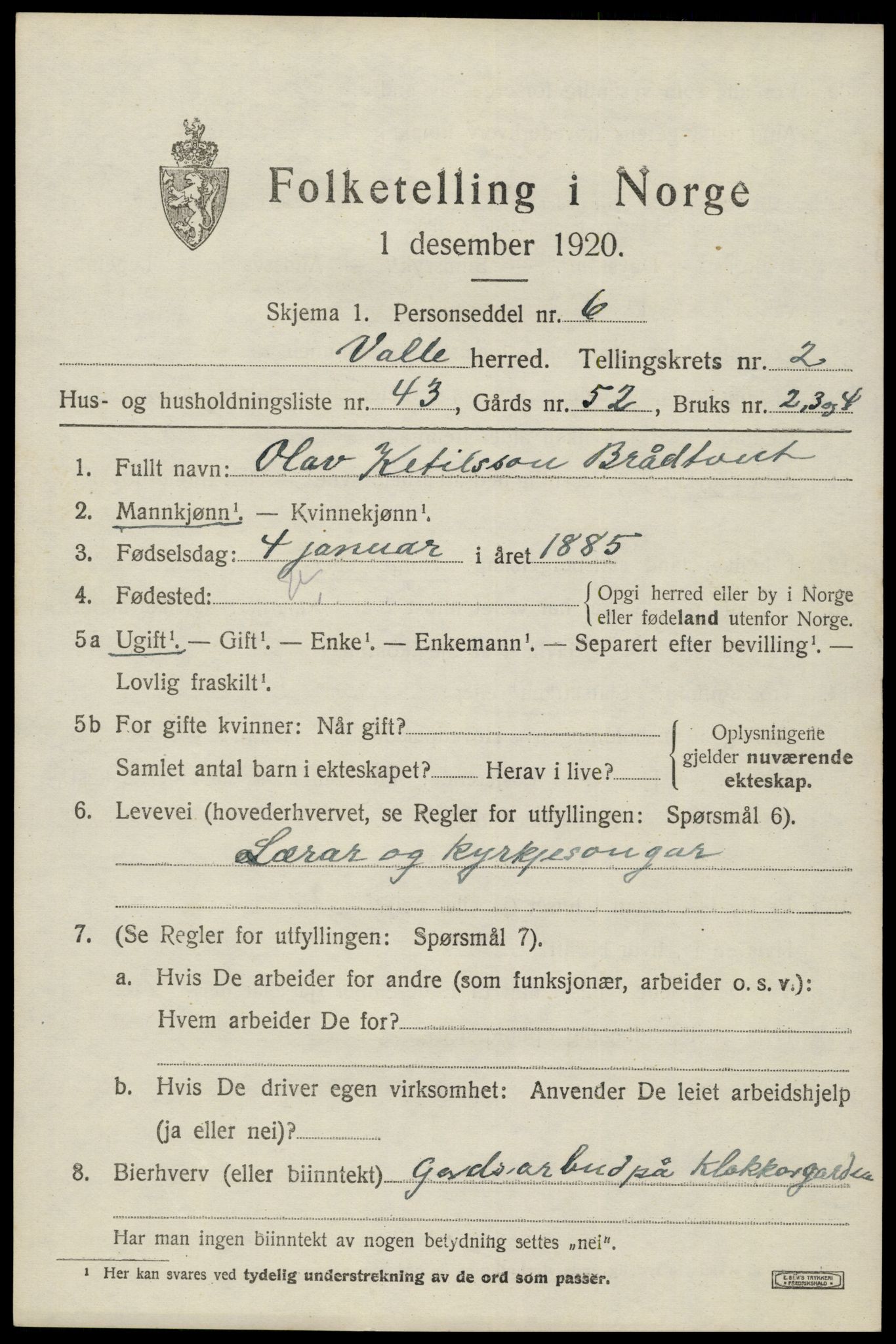 SAK, 1920 census for Valle, 1920, p. 1447