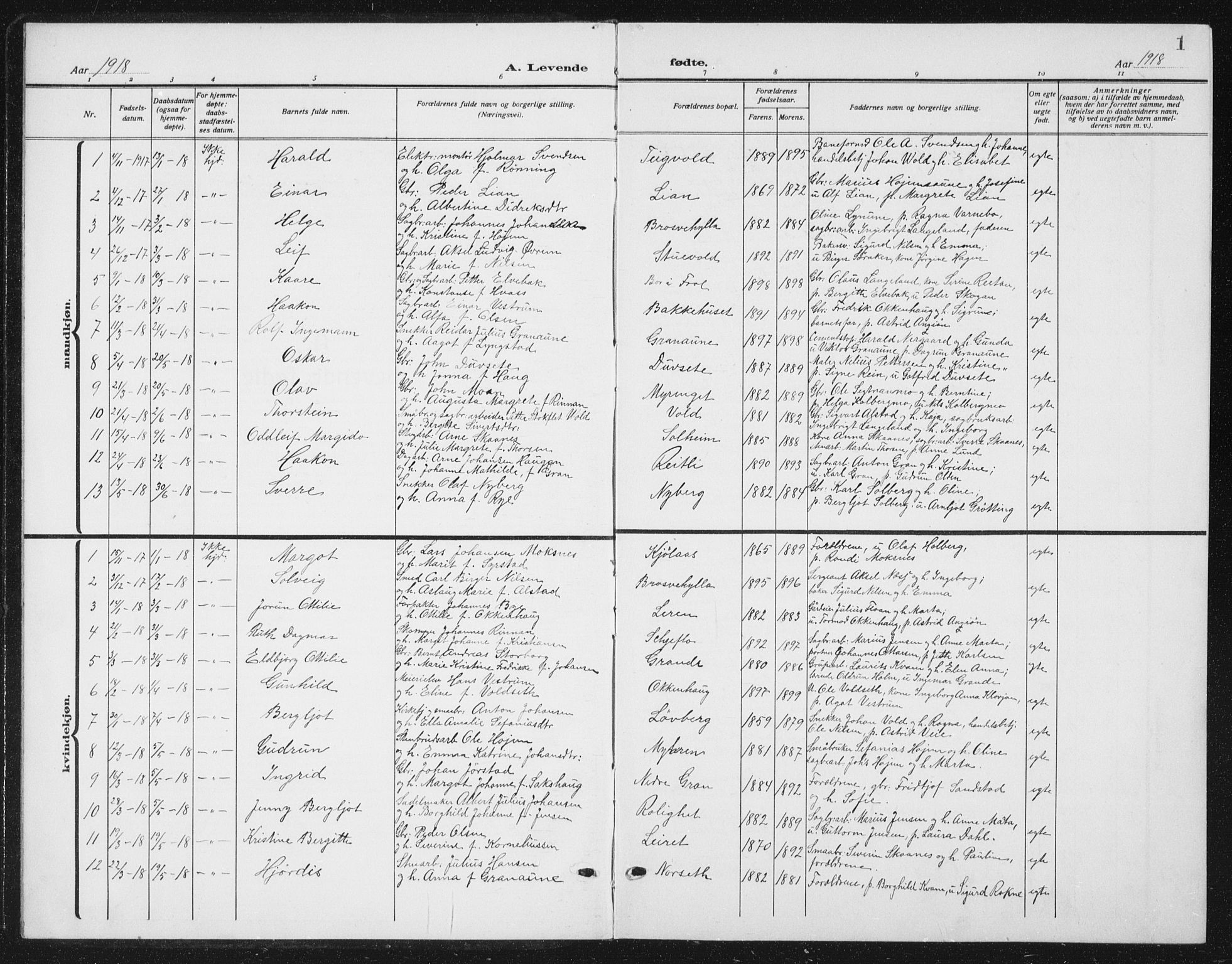 Ministerialprotokoller, klokkerbøker og fødselsregistre - Nord-Trøndelag, SAT/A-1458/721/L0209: Parish register (copy) no. 721C02, 1918-1940, p. 1