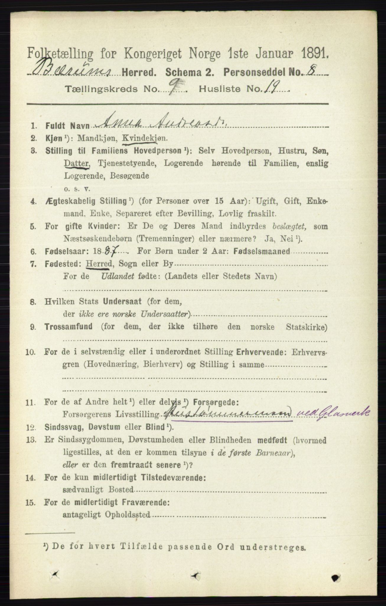 RA, 1891 census for 0219 Bærum, 1891, p. 5287