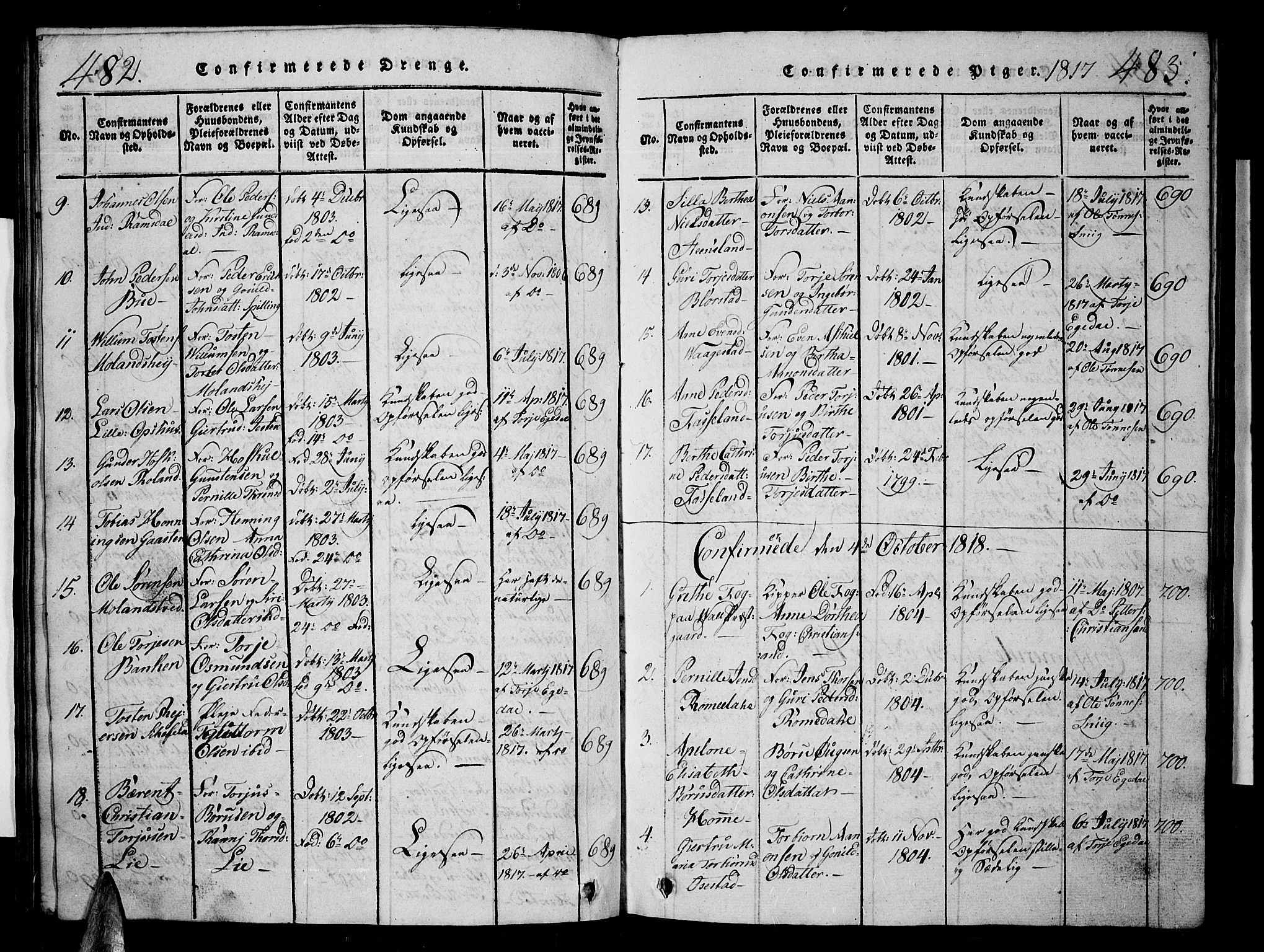 Sør-Audnedal sokneprestkontor, AV/SAK-1111-0039/F/Fb/Fbb/L0001: Parish register (copy) no. B 1, 1815-1827, p. 482-483