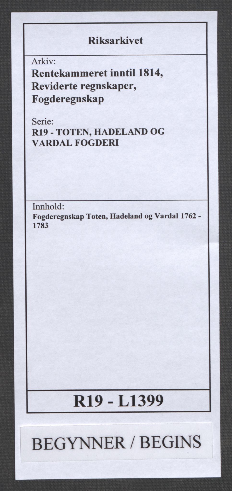 Rentekammeret inntil 1814, Reviderte regnskaper, Fogderegnskap, RA/EA-4092/R19/L1399: Fogderegnskap Toten, Hadeland og Vardal, 1762-1783, p. 1