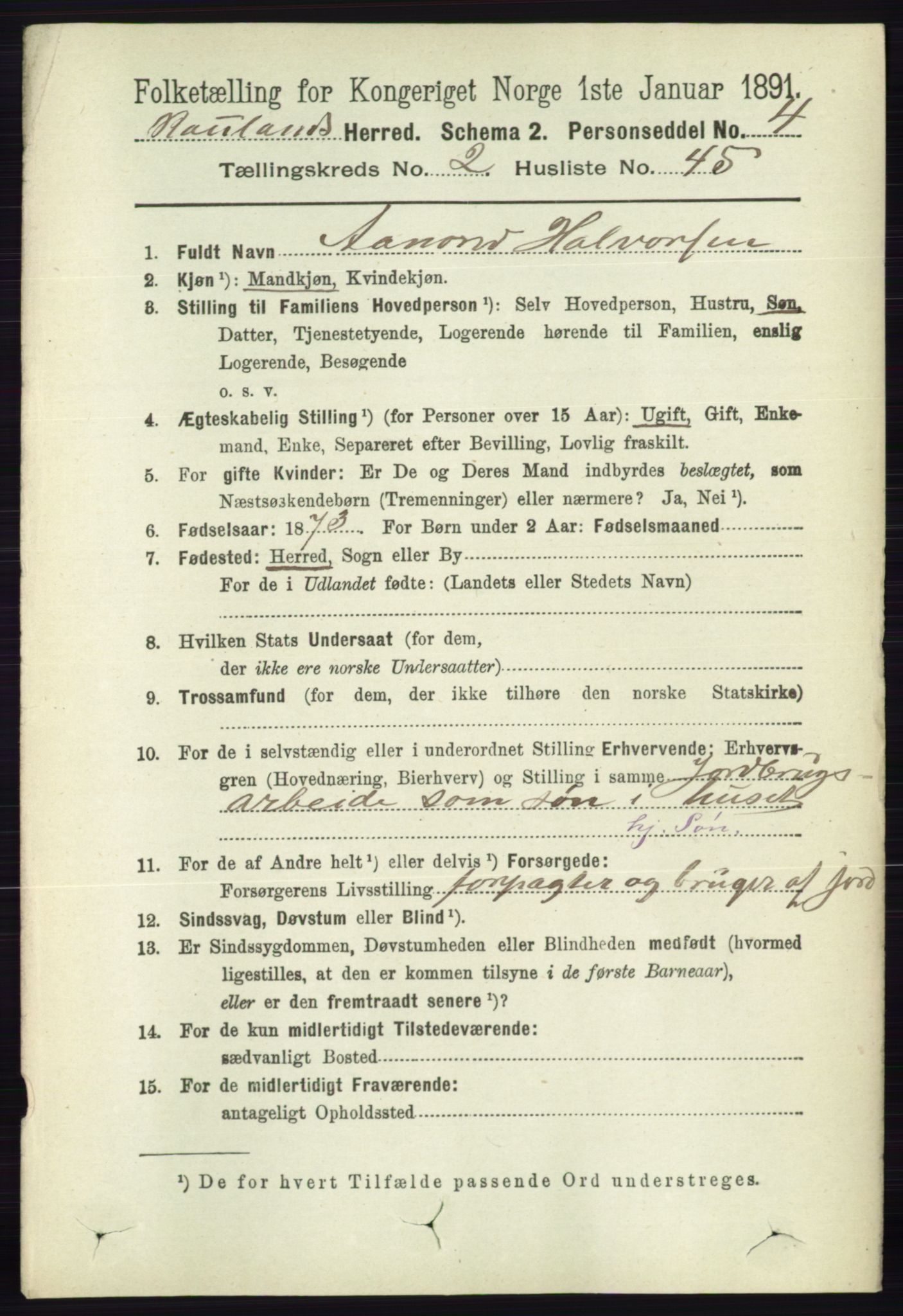 RA, 1891 census for 0835 Rauland, 1891, p. 562