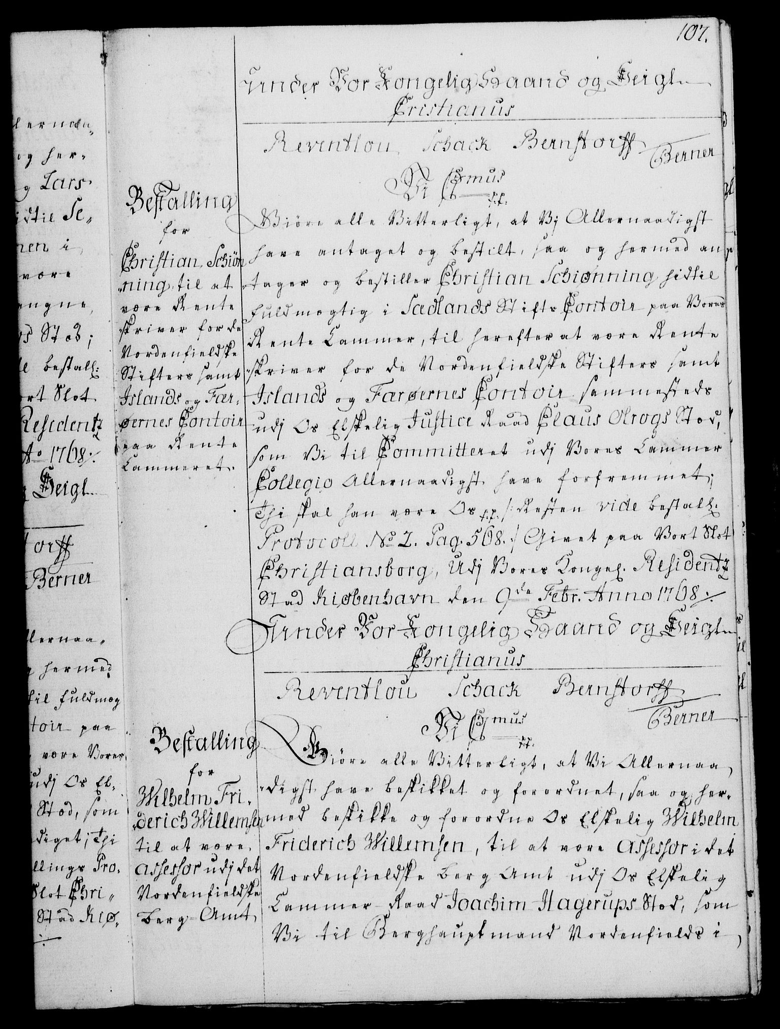 Rentekammeret, Kammerkanselliet, RA/EA-3111/G/Gg/Gge/L0004: Norsk bestallingsprotokoll med register (merket RK 53.28), 1762-1771, p. 107