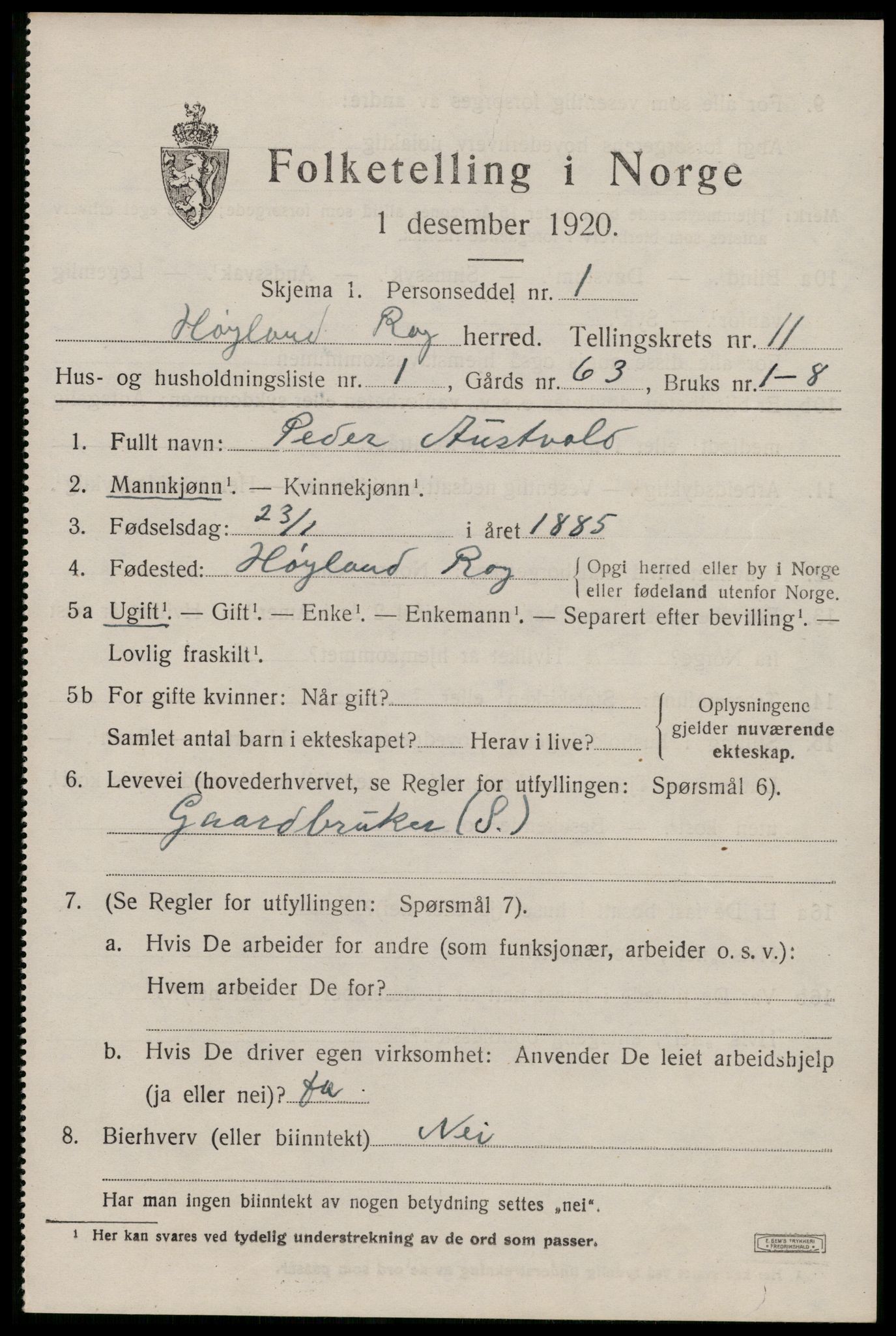 SAST, 1920 census for Høyland, 1920, p. 8666
