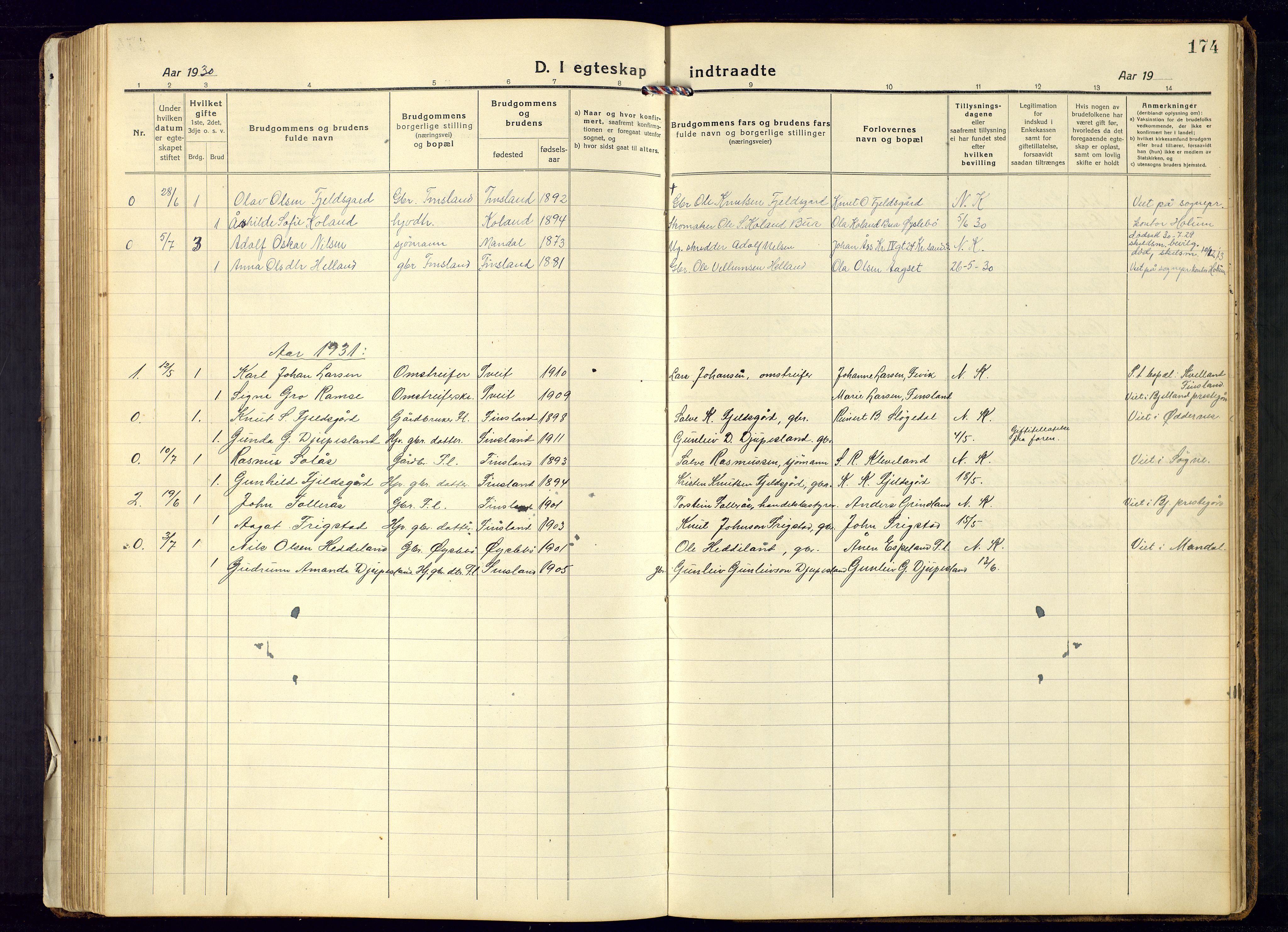 Bjelland sokneprestkontor, SAK/1111-0005/F/Fb/Fbb/L0006: Parish register (copy) no. B-6, 1918-1946, p. 174