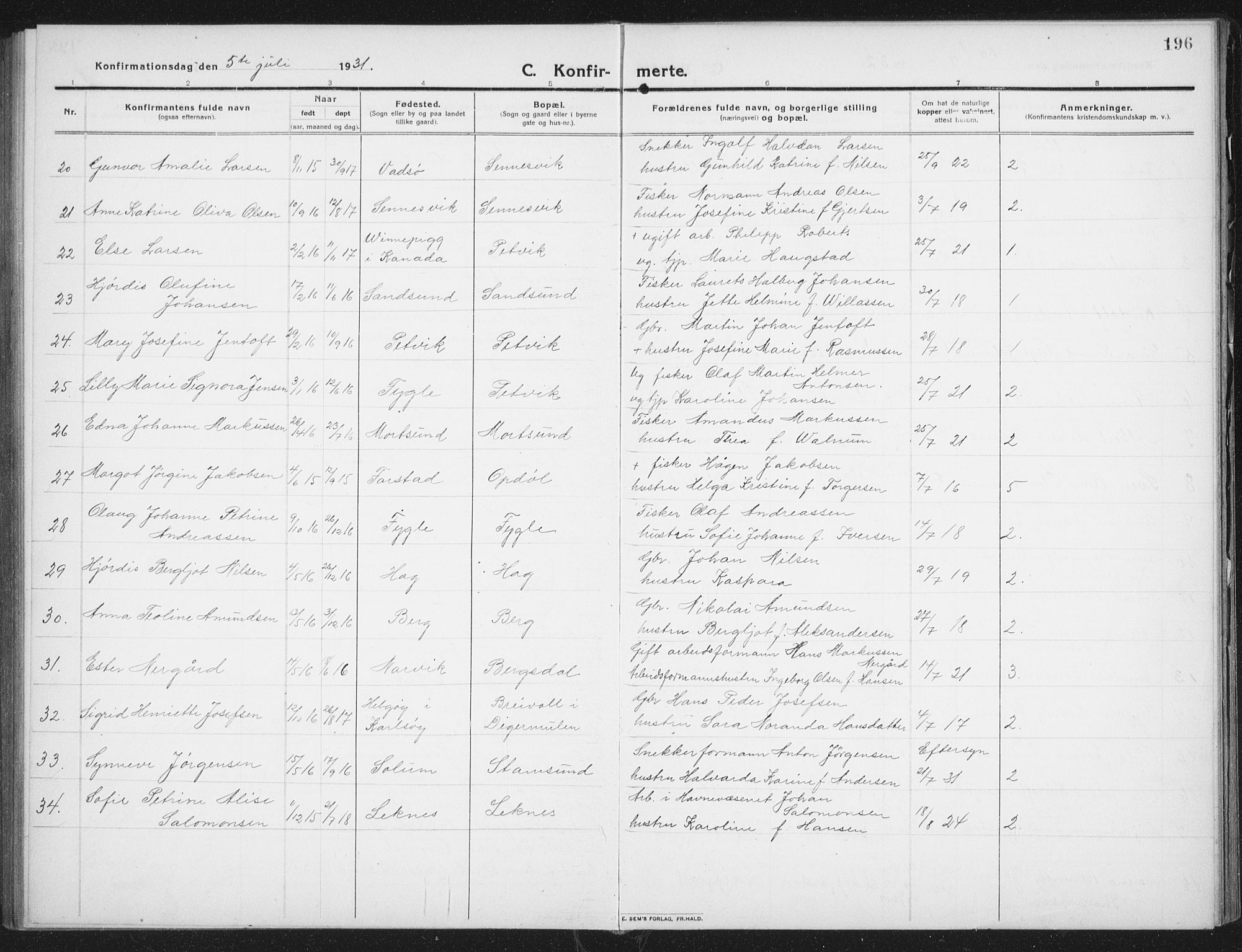 Ministerialprotokoller, klokkerbøker og fødselsregistre - Nordland, SAT/A-1459/882/L1183: Parish register (copy) no. 882C01, 1911-1938, p. 196