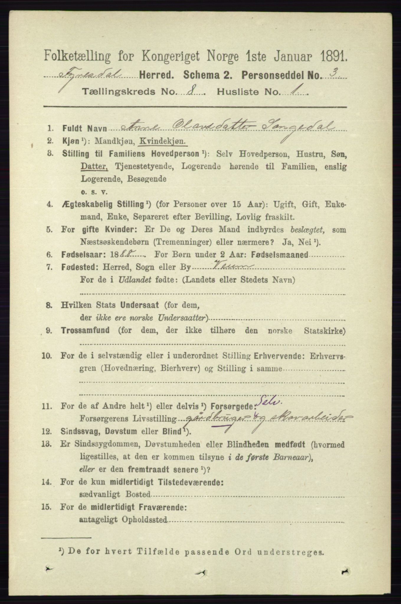 RA, 1891 census for 0831 Fyresdal, 1891, p. 2176