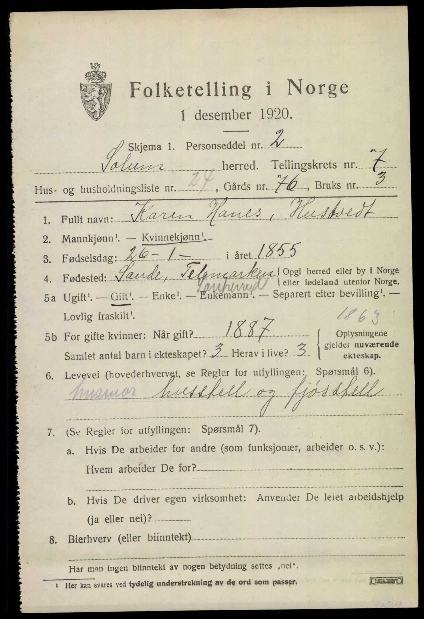 SAKO, 1920 census for Solum, 1920, p. 14066