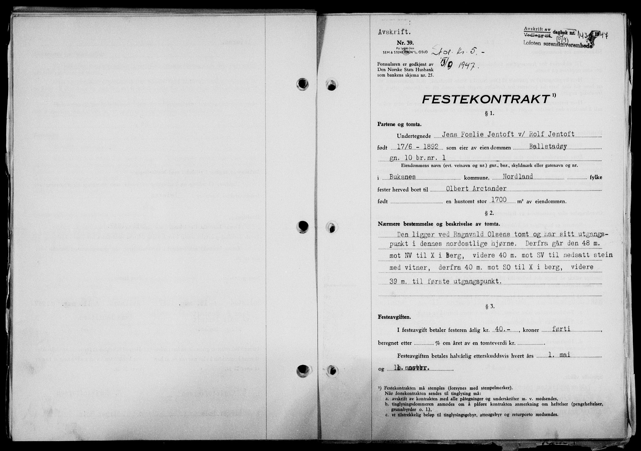 Lofoten sorenskriveri, SAT/A-0017/1/2/2C/L0016a: Mortgage book no. 16a, 1947-1947, Diary no: : 1432/1947