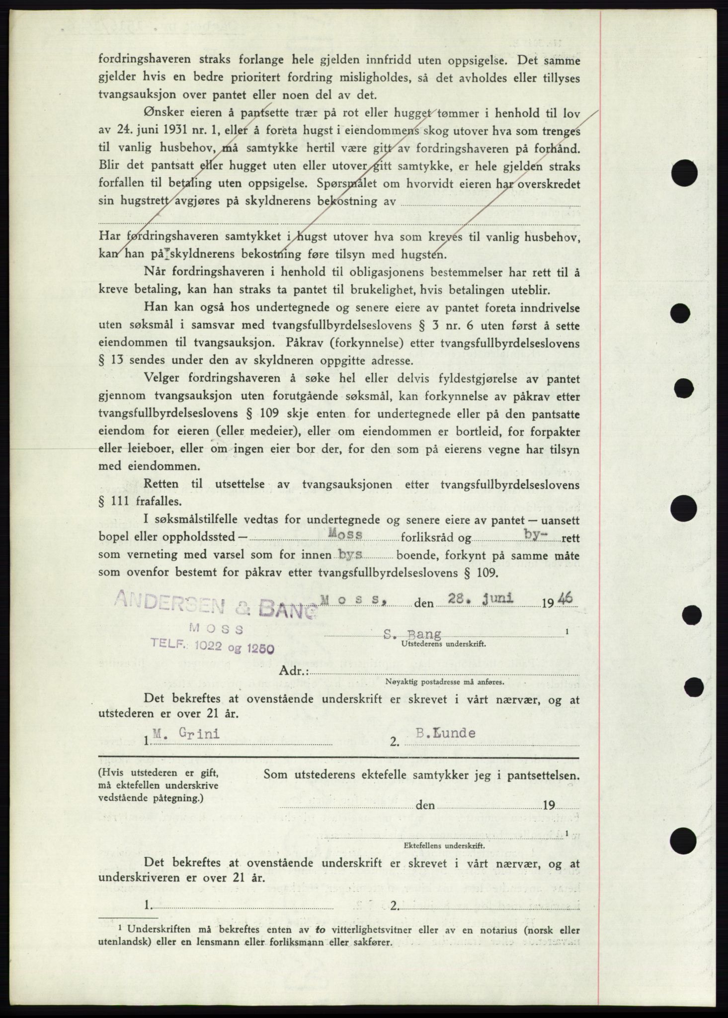 Moss sorenskriveri, AV/SAO-A-10168: Mortgage book no. B15, 1946-1946, Diary no: : 1516/1946