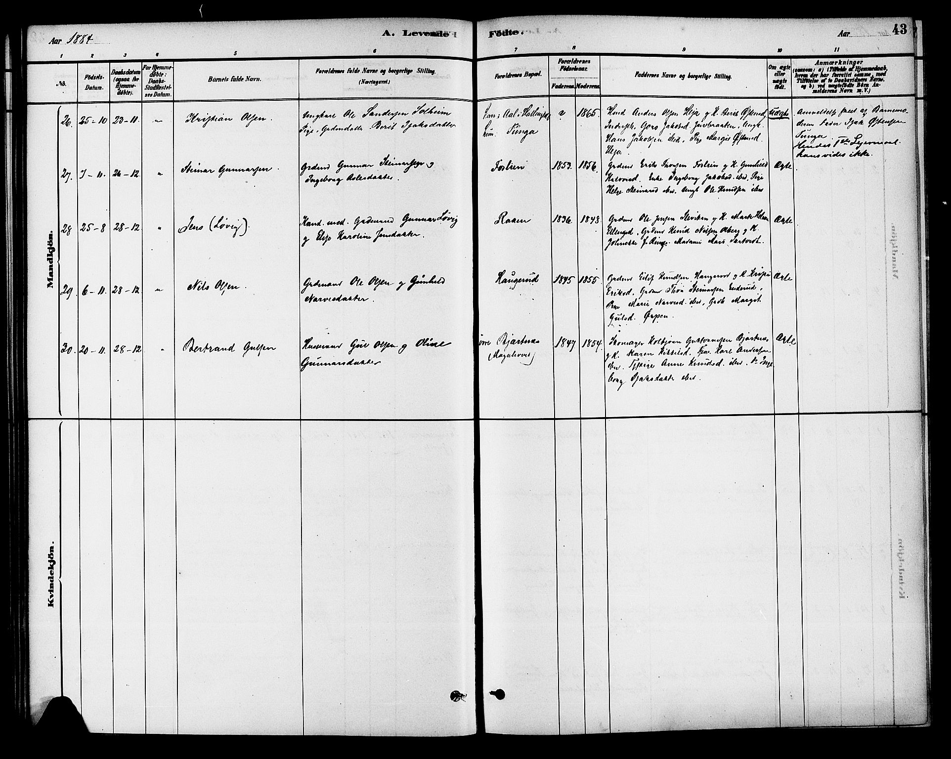 Krødsherad kirkebøker, AV/SAKO-A-19/G/Ga/L0001: Parish register (copy) no. 1, 1879-1893, p. 43