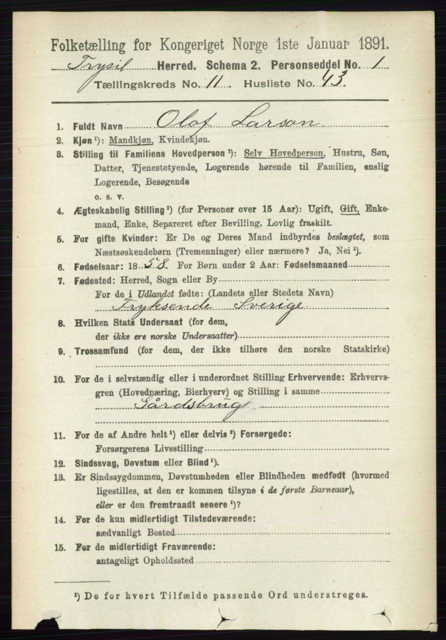 RA, 1891 census for 0428 Trysil, 1891, p. 5800