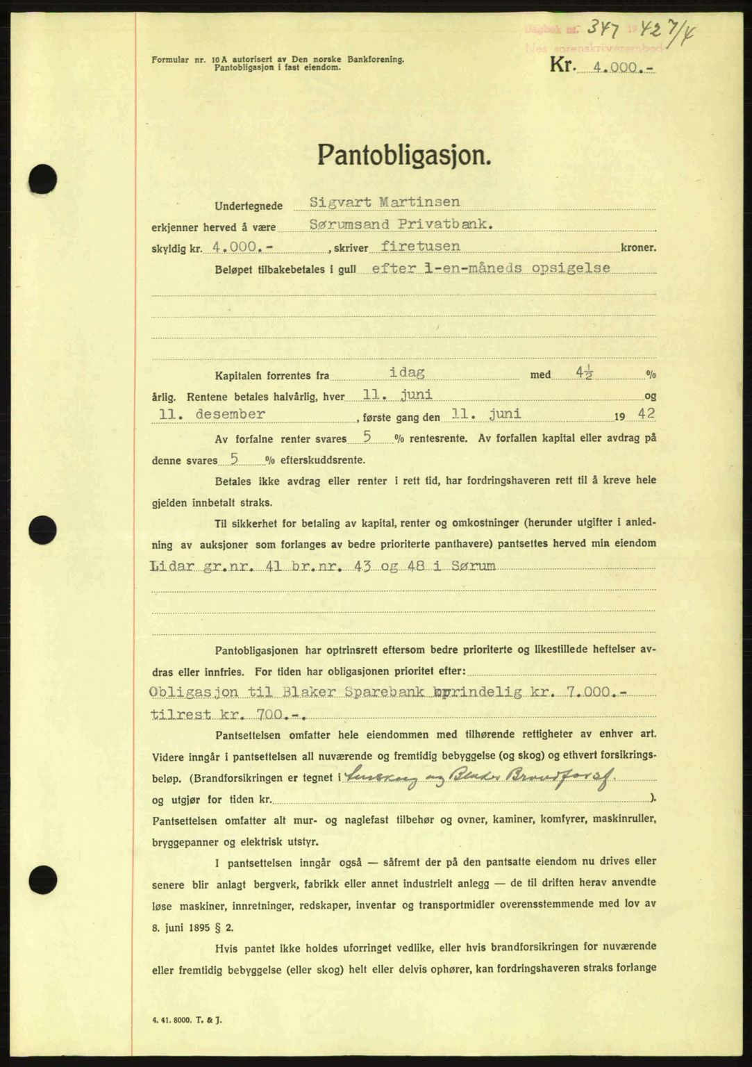 Nes tingrett, SAO/A-10548/G/Gb/Gbb/L0013: Mortgage book no. 57, 1942-1942, Diary no: : 347/1942