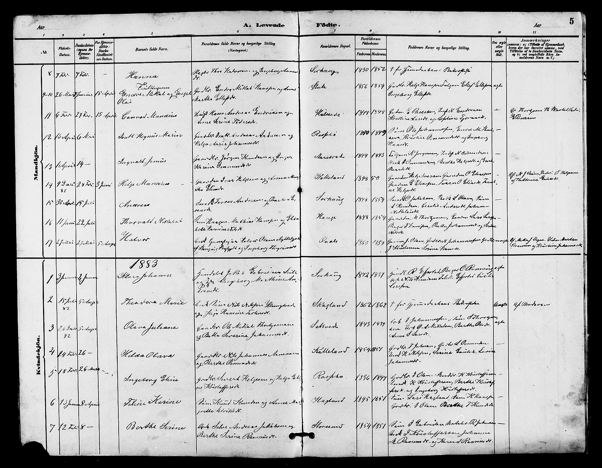 Haugesund sokneprestkontor, SAST/A -101863/H/Ha/Hab/L0003: Parish register (copy) no. B 3, 1882-1889, p. 5