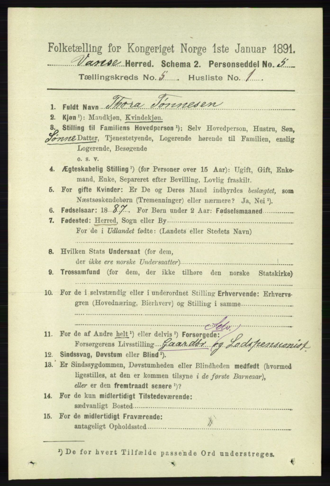 RA, 1891 census for 1041 Vanse, 1891, p. 2799