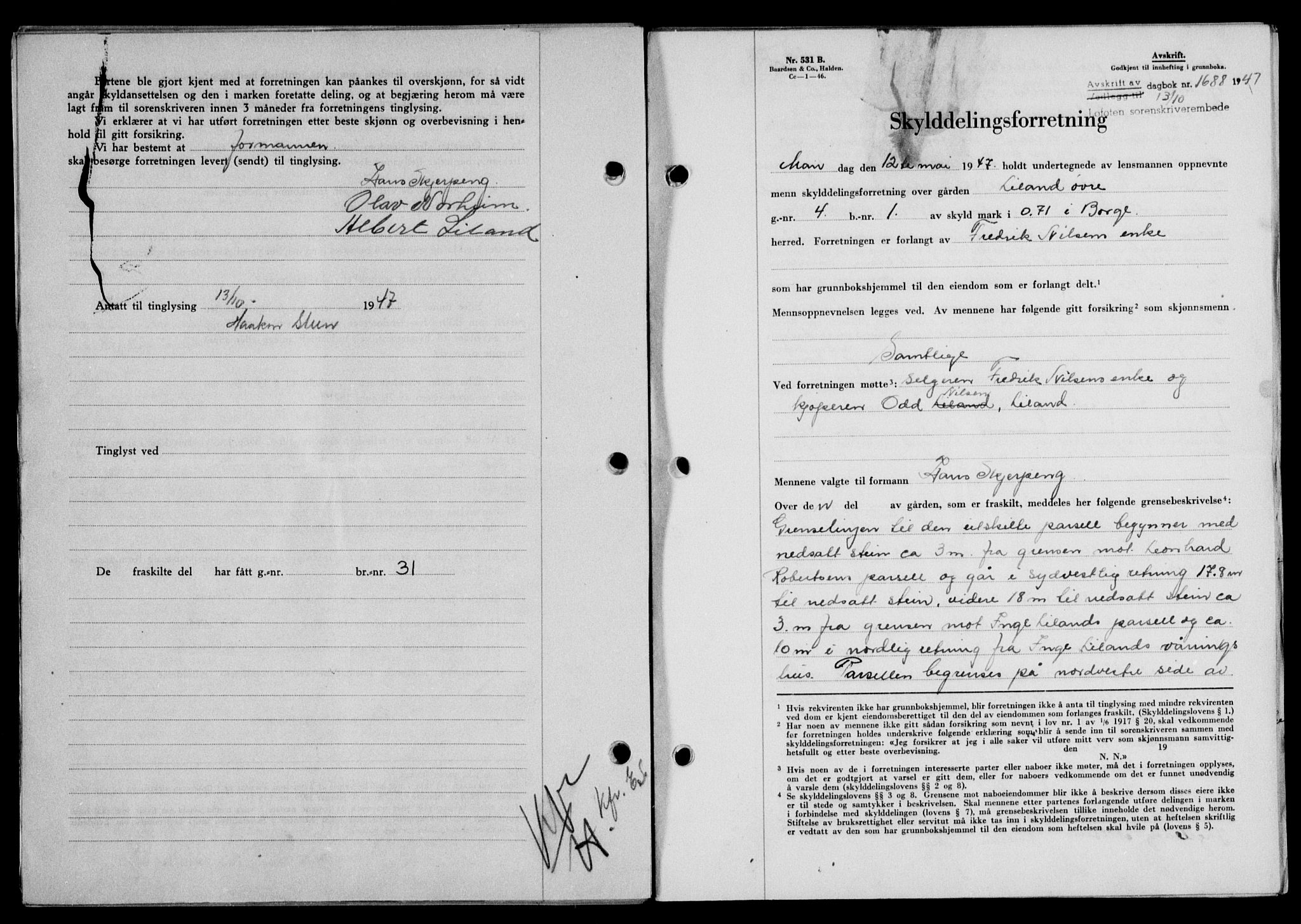 Lofoten sorenskriveri, SAT/A-0017/1/2/2C/L0017a: Mortgage book no. 17a, 1947-1948, Diary no: : 1688/1947